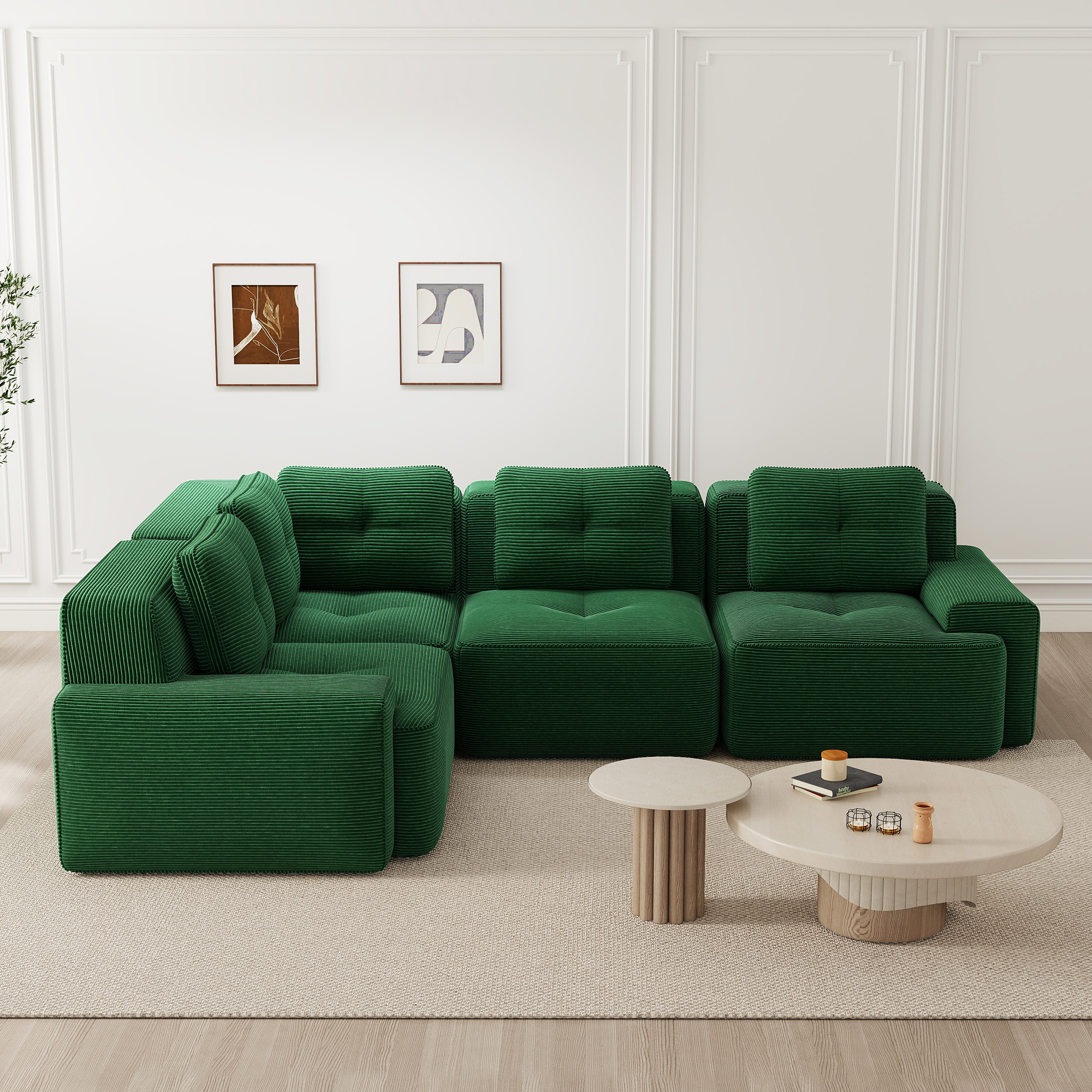 Canapé Modulable Vert en Velours Côtelé, Design Minimaliste Sans Cadre, Dimensions 295x295x69 cm, Structure Légère et Stable