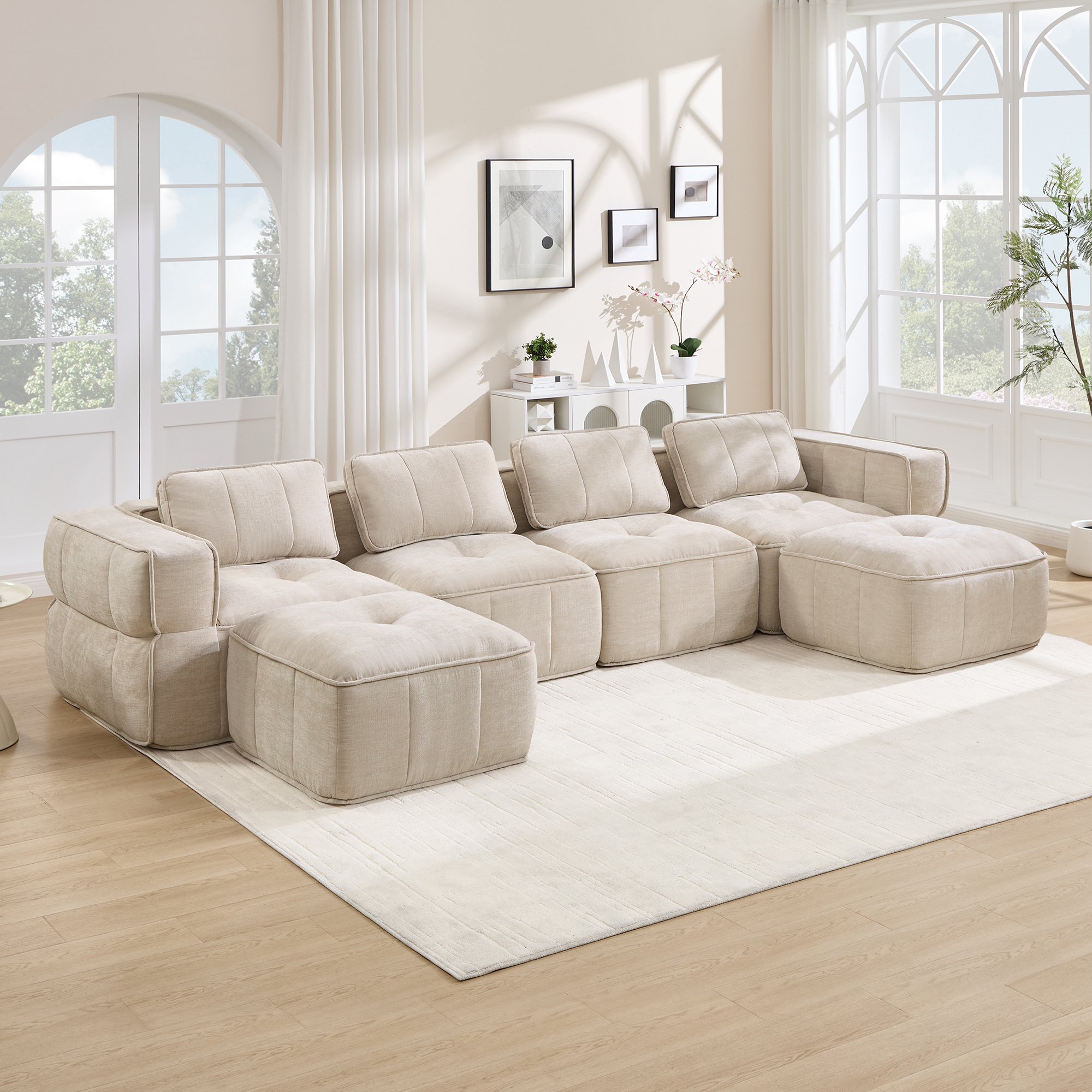 Canapé modulable 4 places beige sans structure, tissu polyester, mousse 32D, 2 poufs inclus, dimensions 344x162x67 cm, idéal pour le salon moderne.