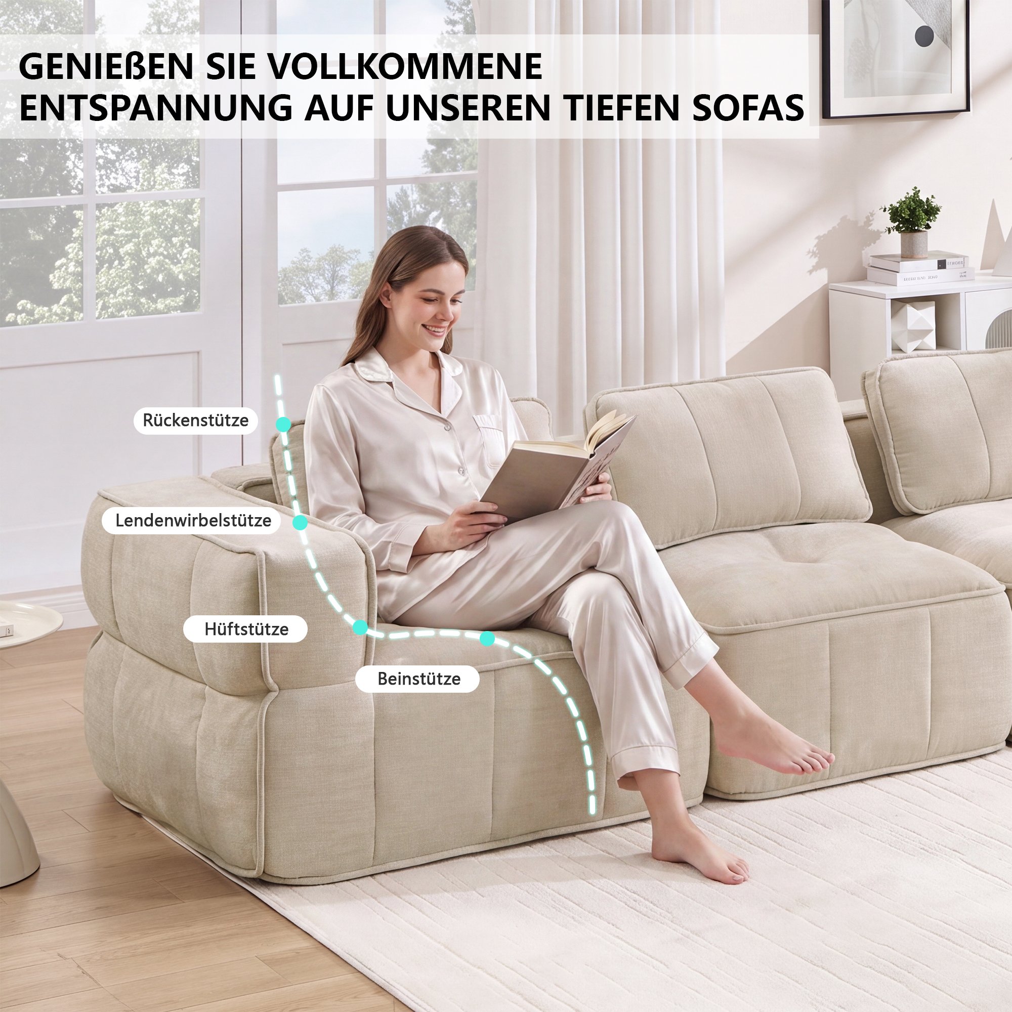 Canapé 2 places beige sans structure, mousse haute densité 32D, assise profonde et confort immédiat pour salon moderne, 198x93x67 cm