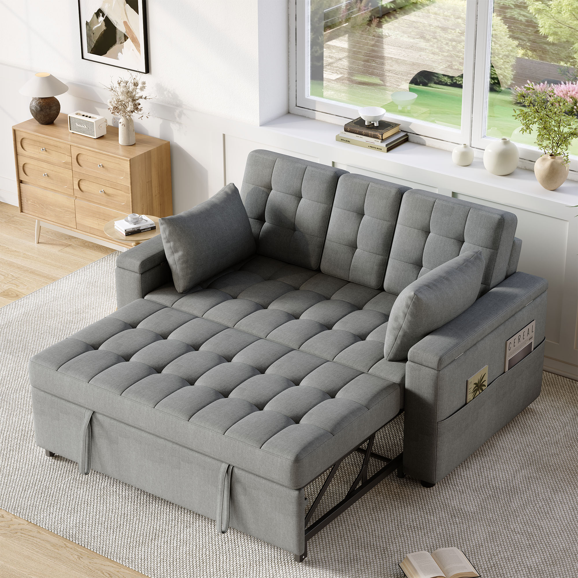 Lit avec rangement et tiroirs intégrés 2 places avec dossier réglable et coussins inclus en tissu aspect lin gris