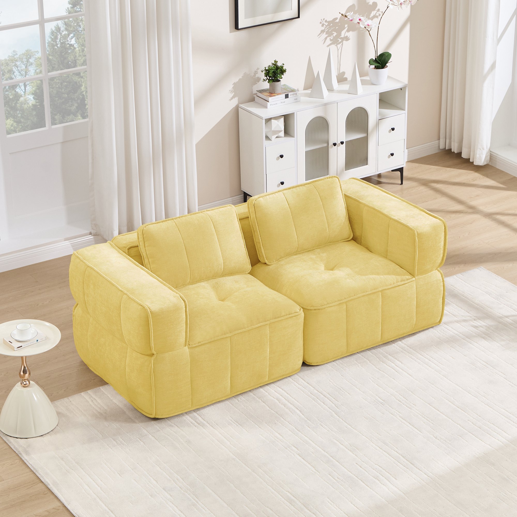 Canapé 2 places en tissu polyester jaune, structure sans cadre avec mousse haute densité, dimensions 198x93x67 cm pour intérieur