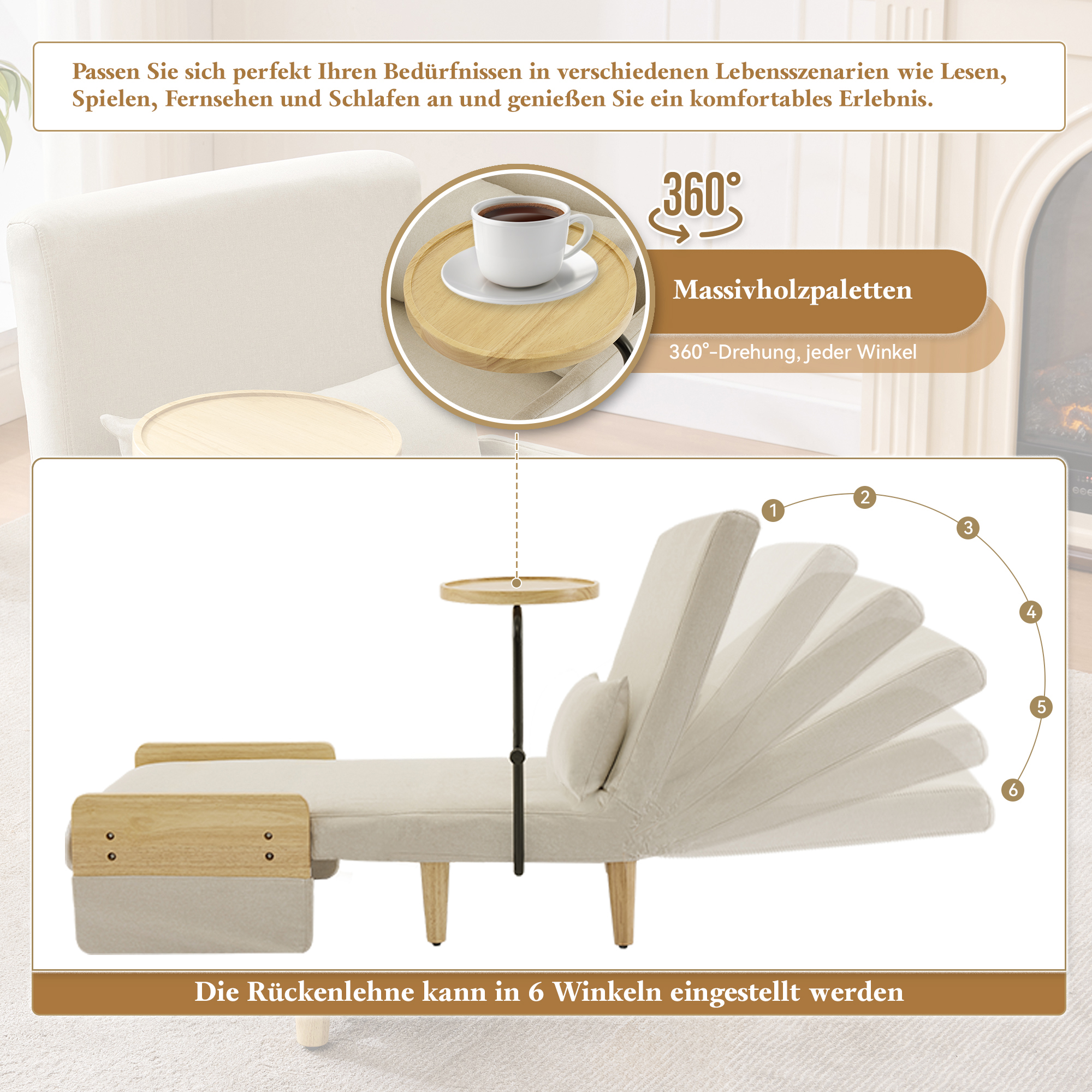 Lit d'appoint convertible en tissu effet lin beige, cadre métallique et pieds en bois massif, dossier inclinable