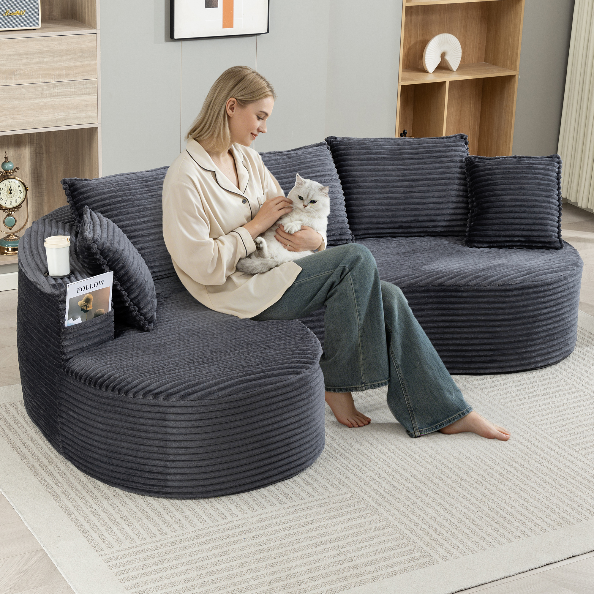 Canapé avec porte-gobelets intégrés et poches latérales, coussin inclus, mousse haute densité et ressorts