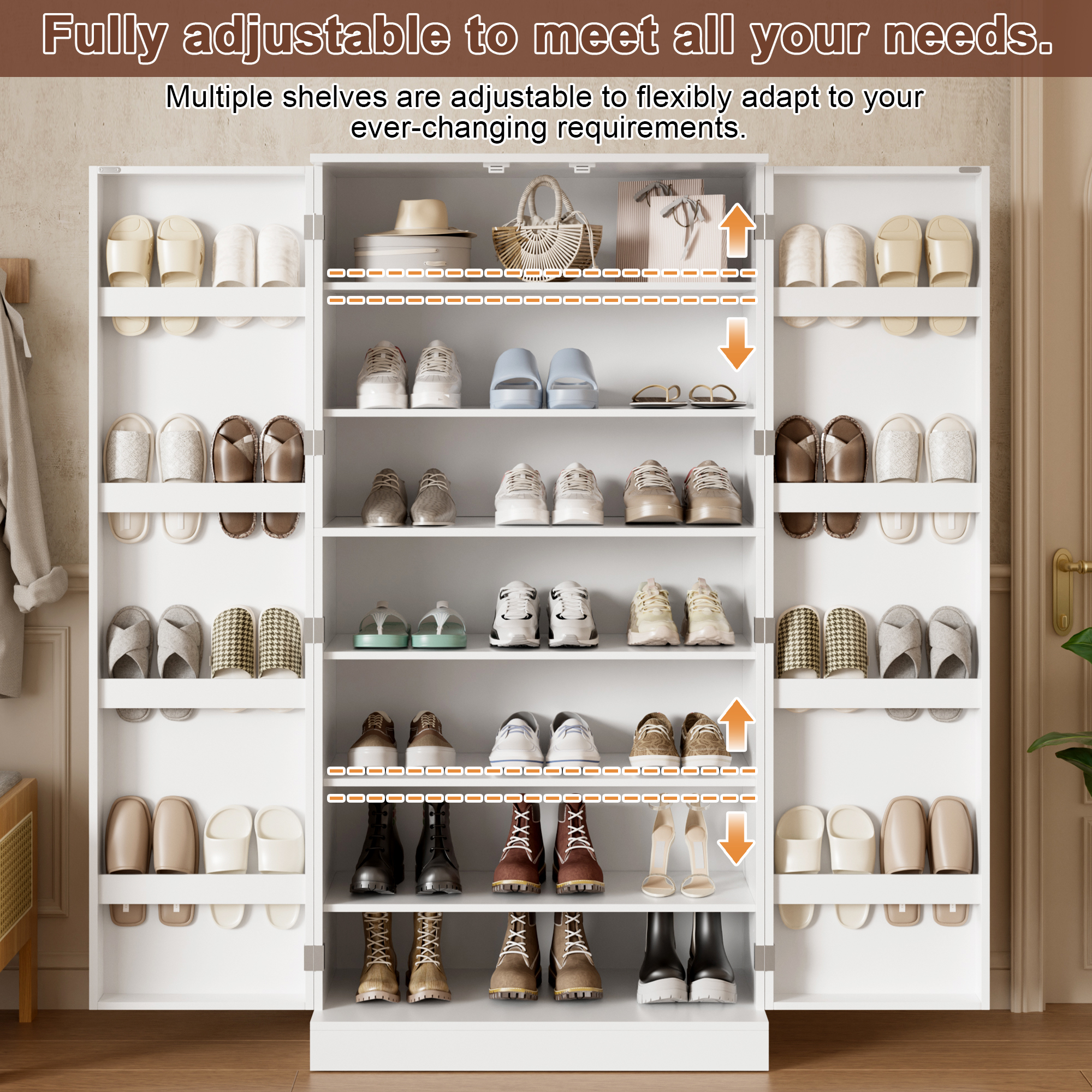Meuble à chaussures blanc 160x80x40 cm, Armoire haute avec portes et étagères ajustables, Rangement entrée moderne en panneau de particules
