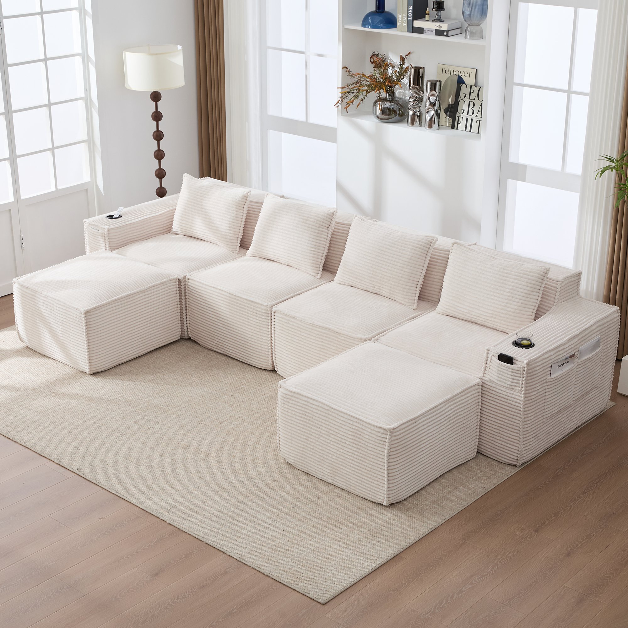 Canapé modulable avec poufs et rangements pratiques, tissu côtelé doux, idéal pour home office ou détente grâce au soutien lombaire