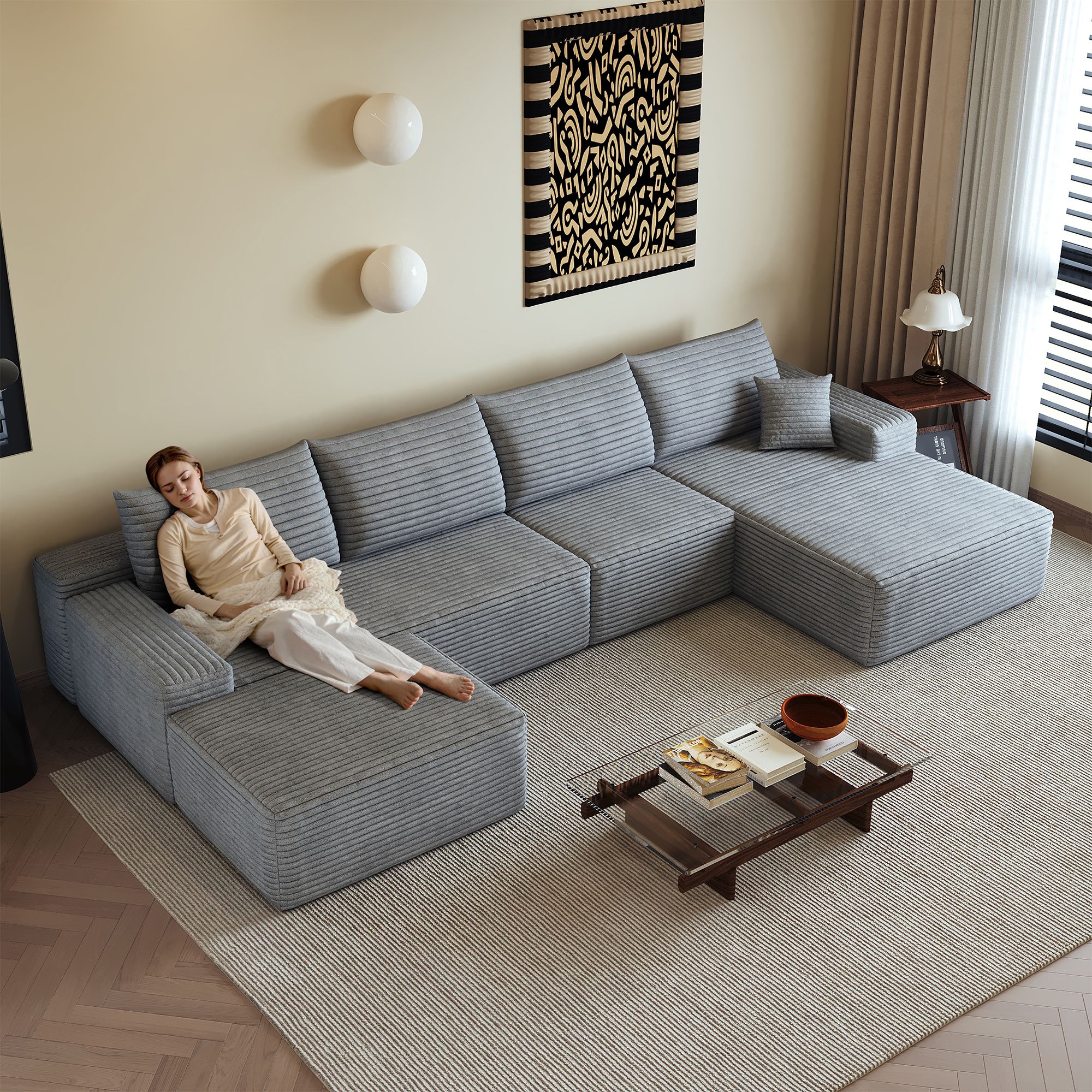 Canapé d'angle 340x175cm en tissu côtelé gris, structure modulaire avec méridienne, assise profonde et confort mousse haute densité pour salon moderne