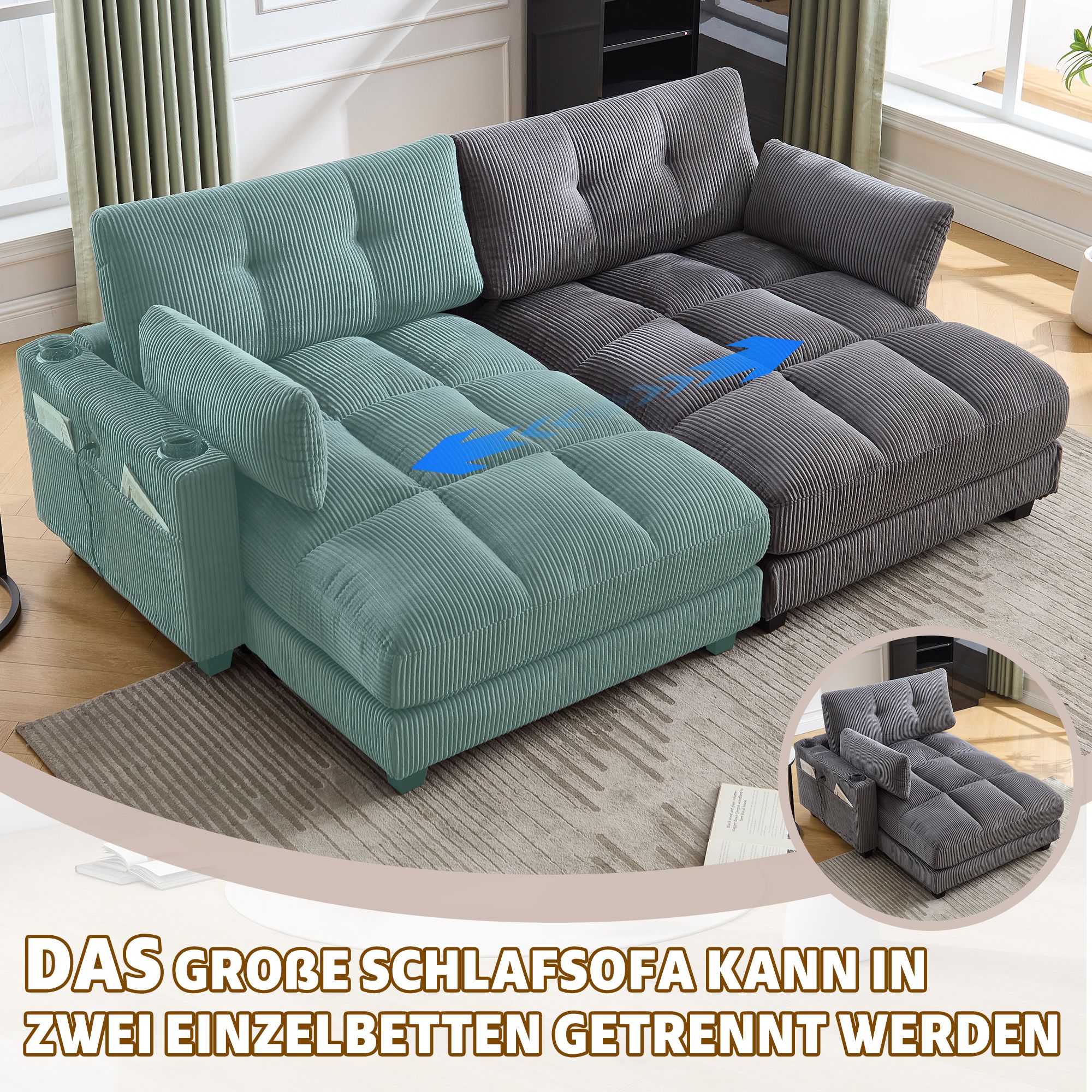 Canapé 2 places gris en velours côtelé, convertible en deux fauteuils individuels, avec 4 porte-gobelets, 4 poches latérales et ports USB sur les accoudoirs pour le salon ou la chambre à coucher.