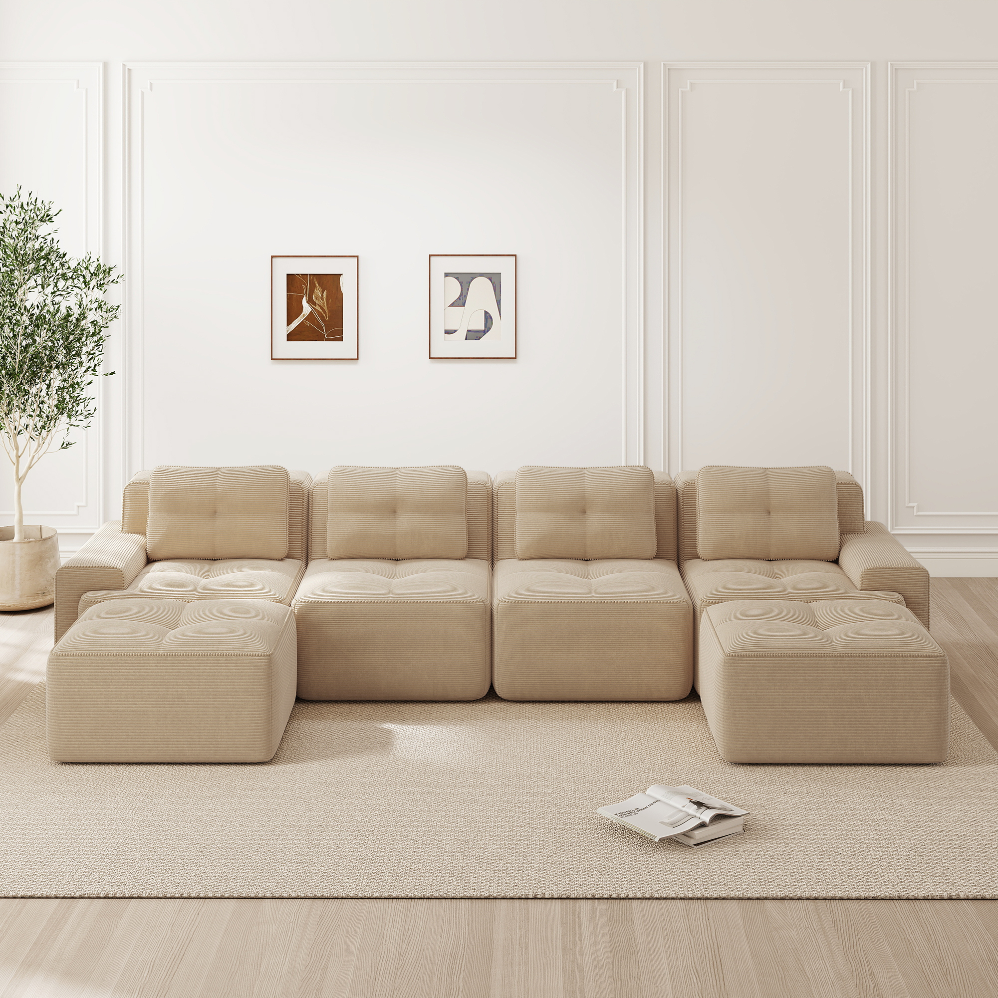 Canapé 4 places en velours côtelé beige avec base antidérapante, accoudoirs larges et chaiselongue en U