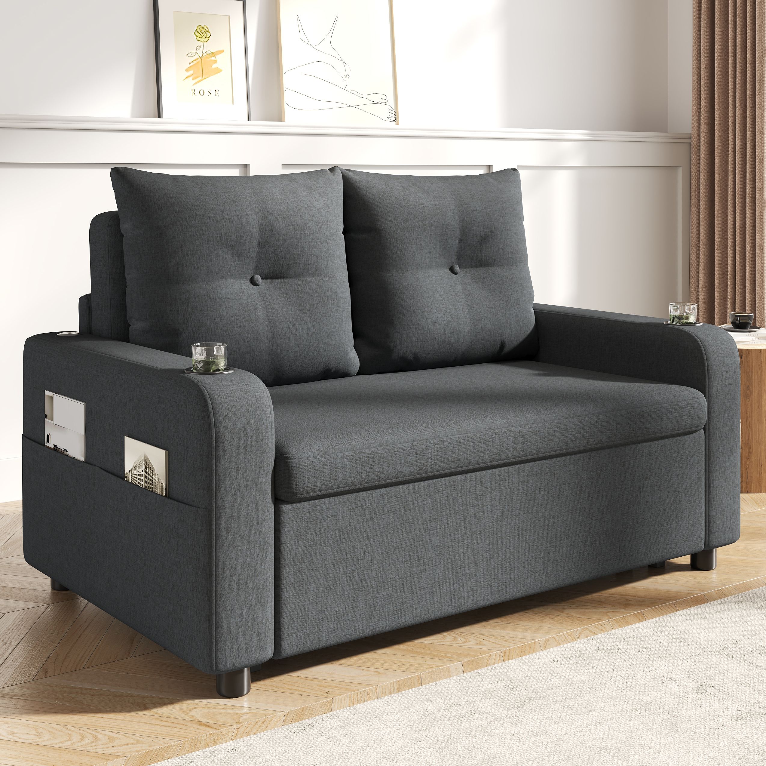 Canapé-lit convertible 2 places en tissu aspect lin gris avec porte-gobelets, ports USB Type-C et poches latérales, design moderne
