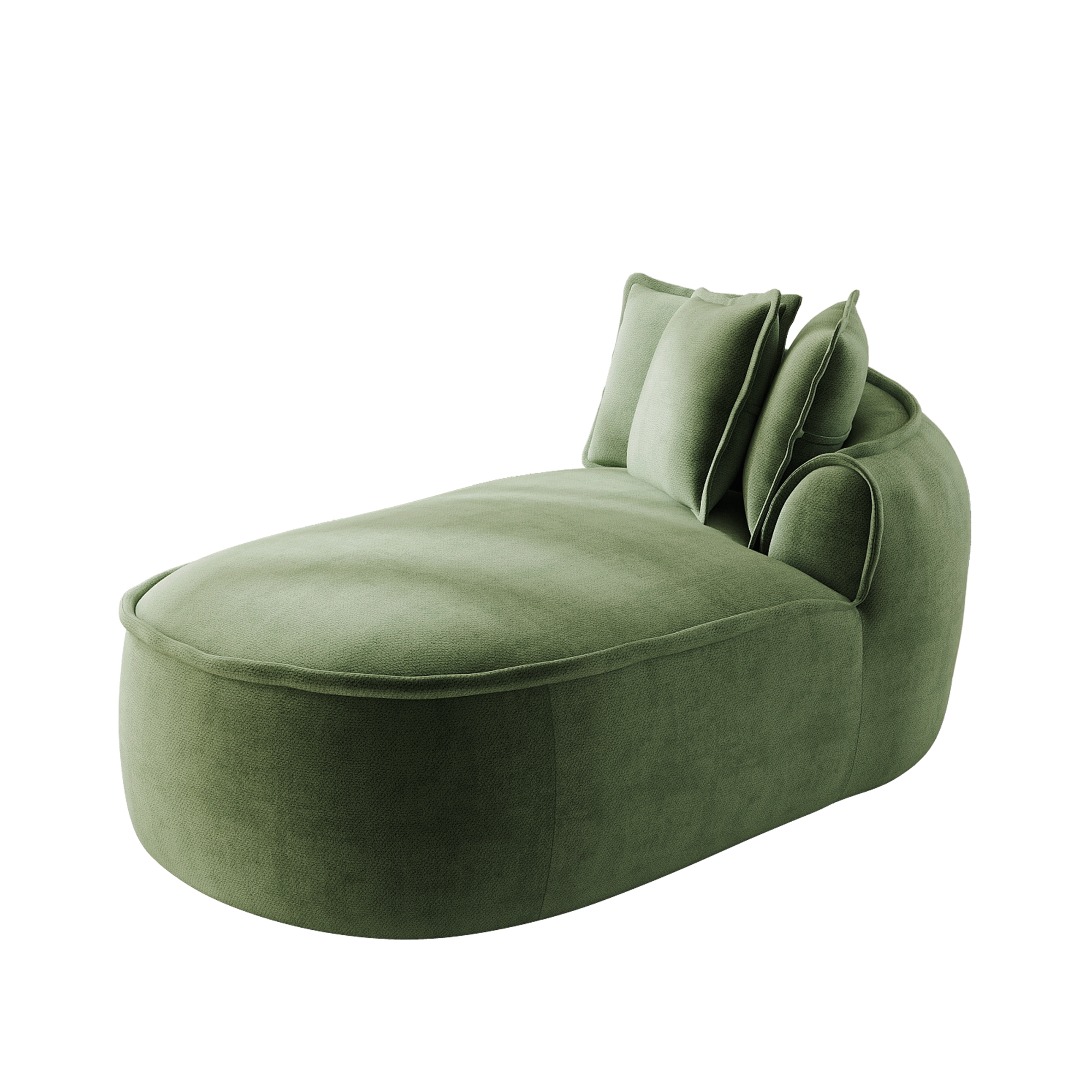 Canapé modulable en chenille vert avec méridienne droite, coussins et accoudoirs larges, 2 modules