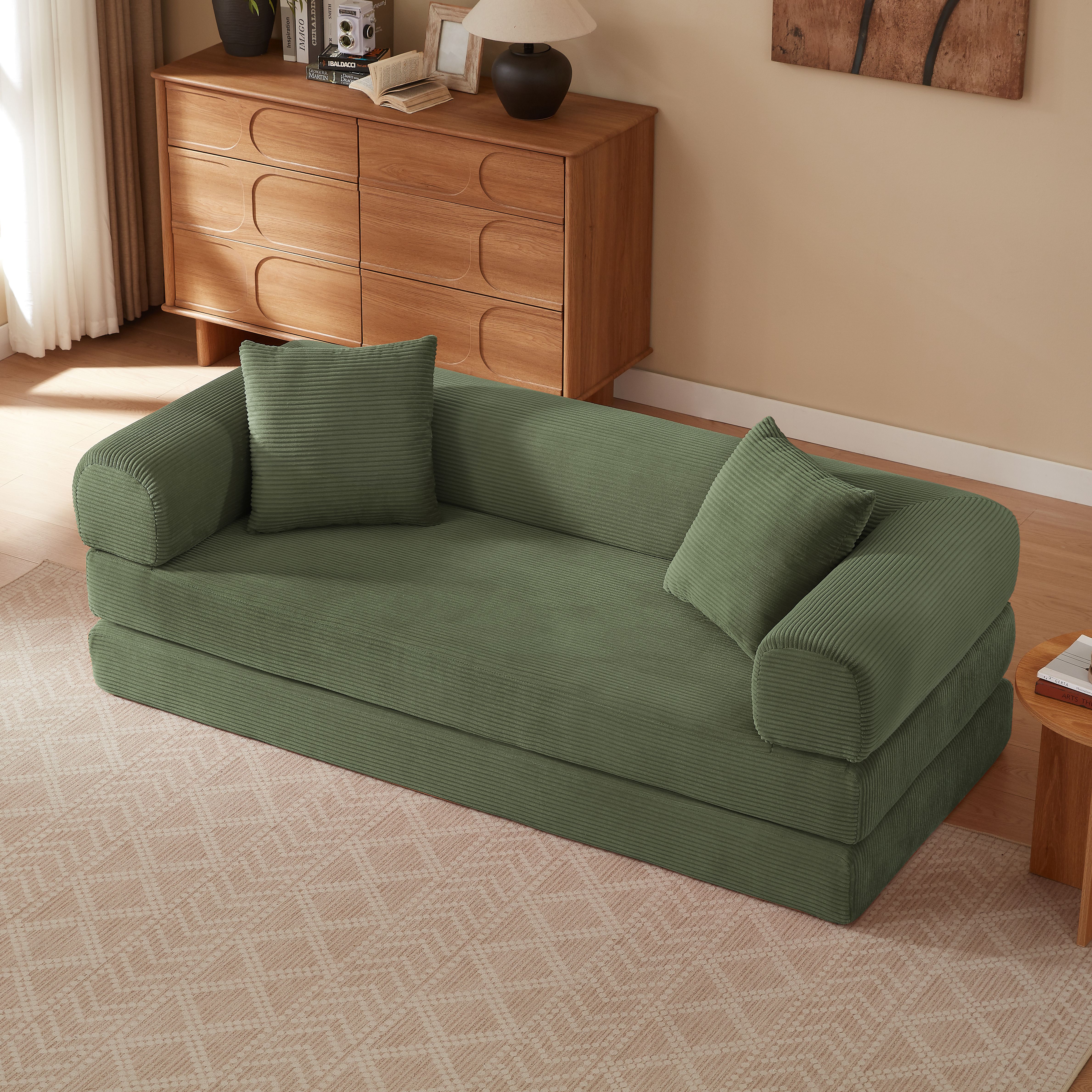 Canapé Convertible Lit 1 Place Vert Avec Rangement Sous le Couchage Tissu Velours Respirant 195 Cm
