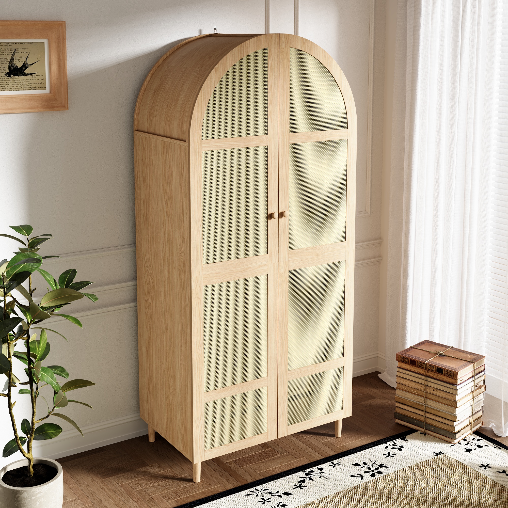 Armoire Design Panneau composite de fibres de bois à densité et Panneaux de Particules avec Portes Courbes et Revêtement Rotin Naturel