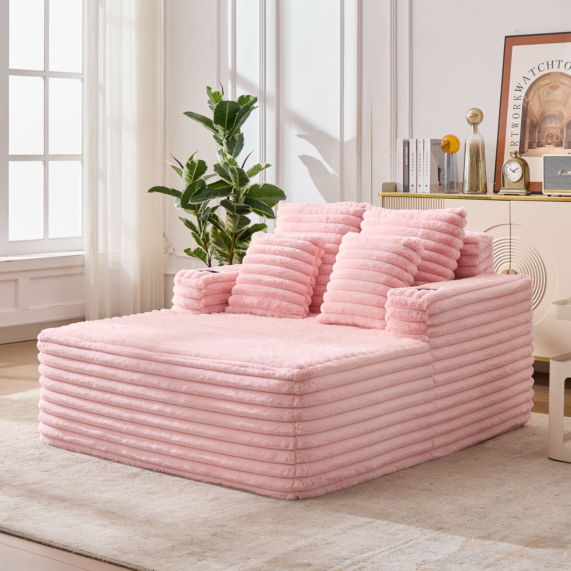 Canapé méridienne en fausse fourrure rose avec porte-gobelets intégrés et assise confortable 135x128x86 cm