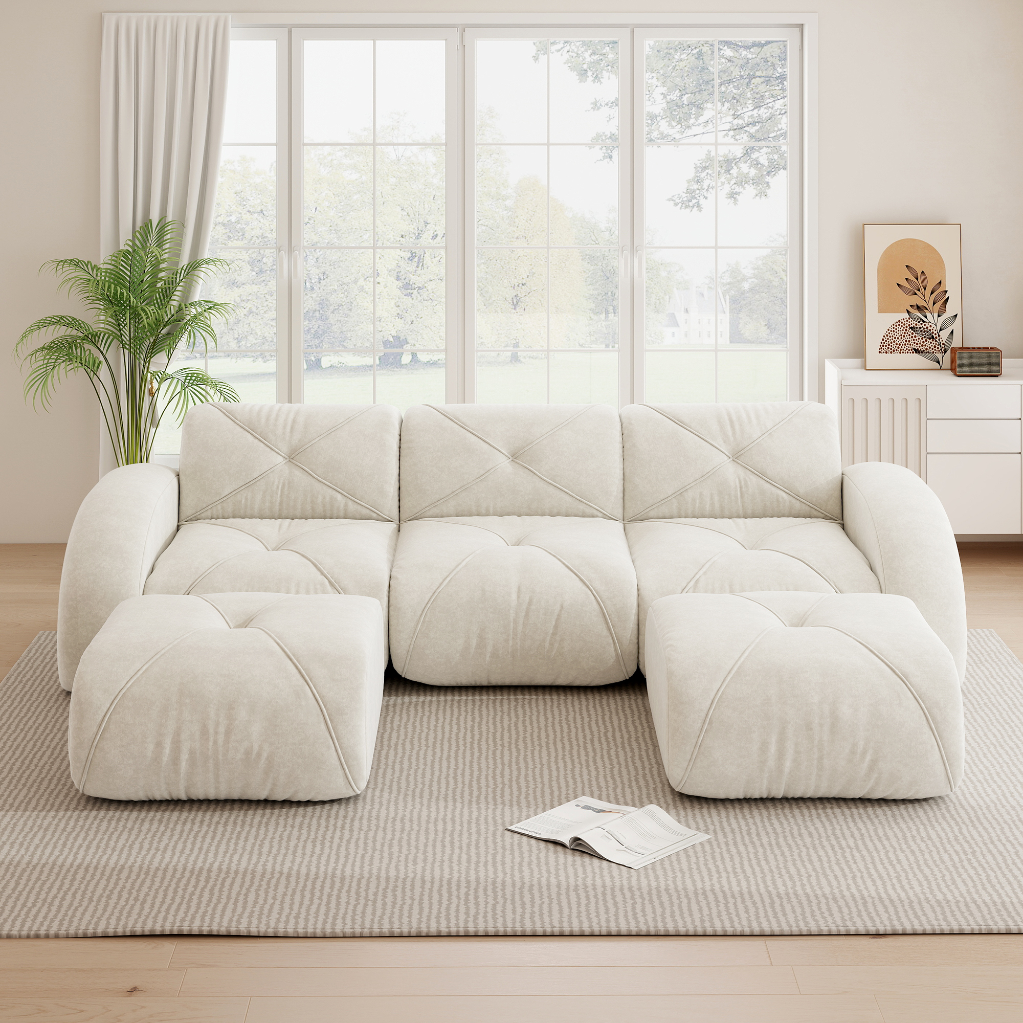 Canapé modulable en forme de U 3 places, revêtement chenille beige clair résistant aux griffes, design contemporain salon