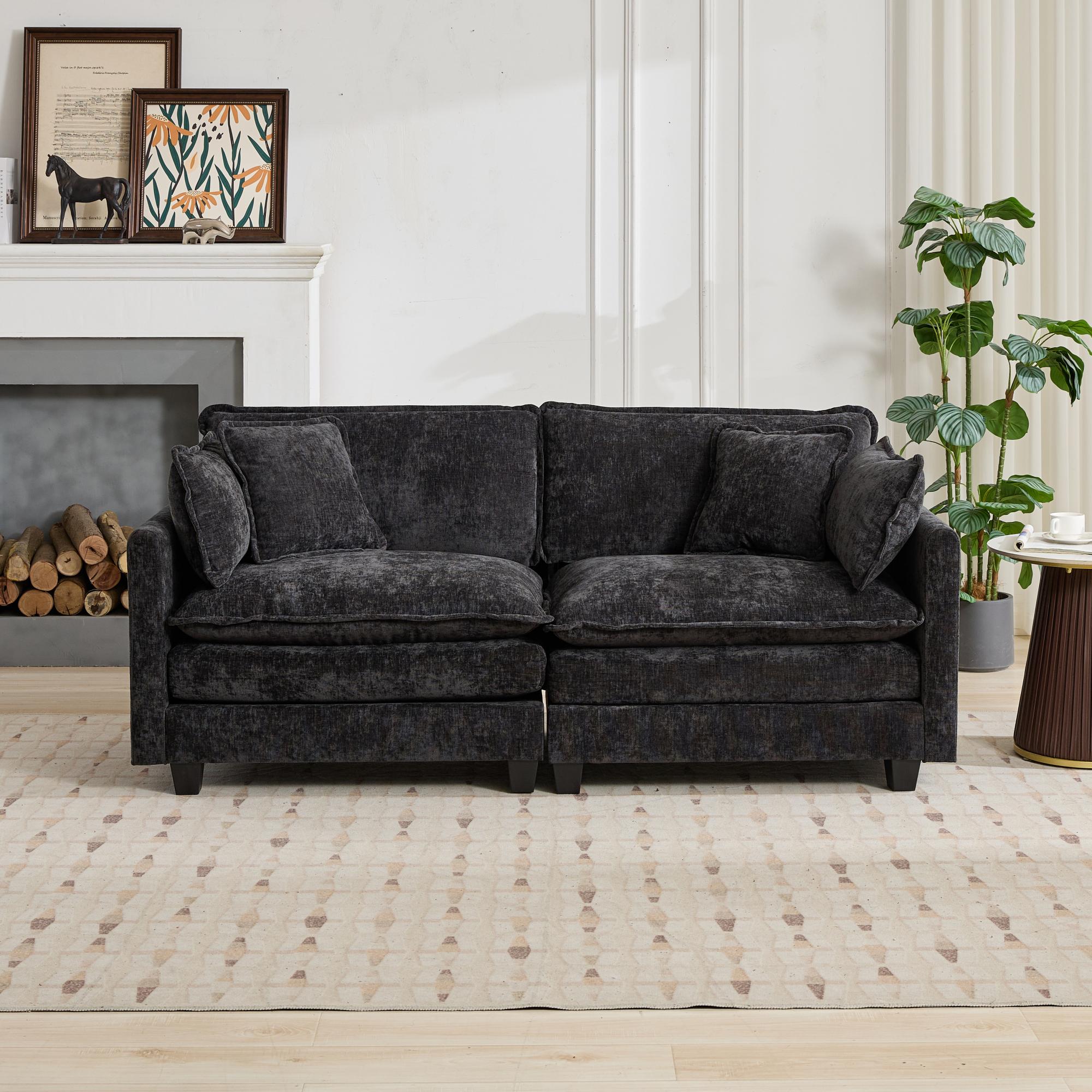 Canapé 2 places en velours noir, assise rembourrée double couche et coussin d'appui pour salon