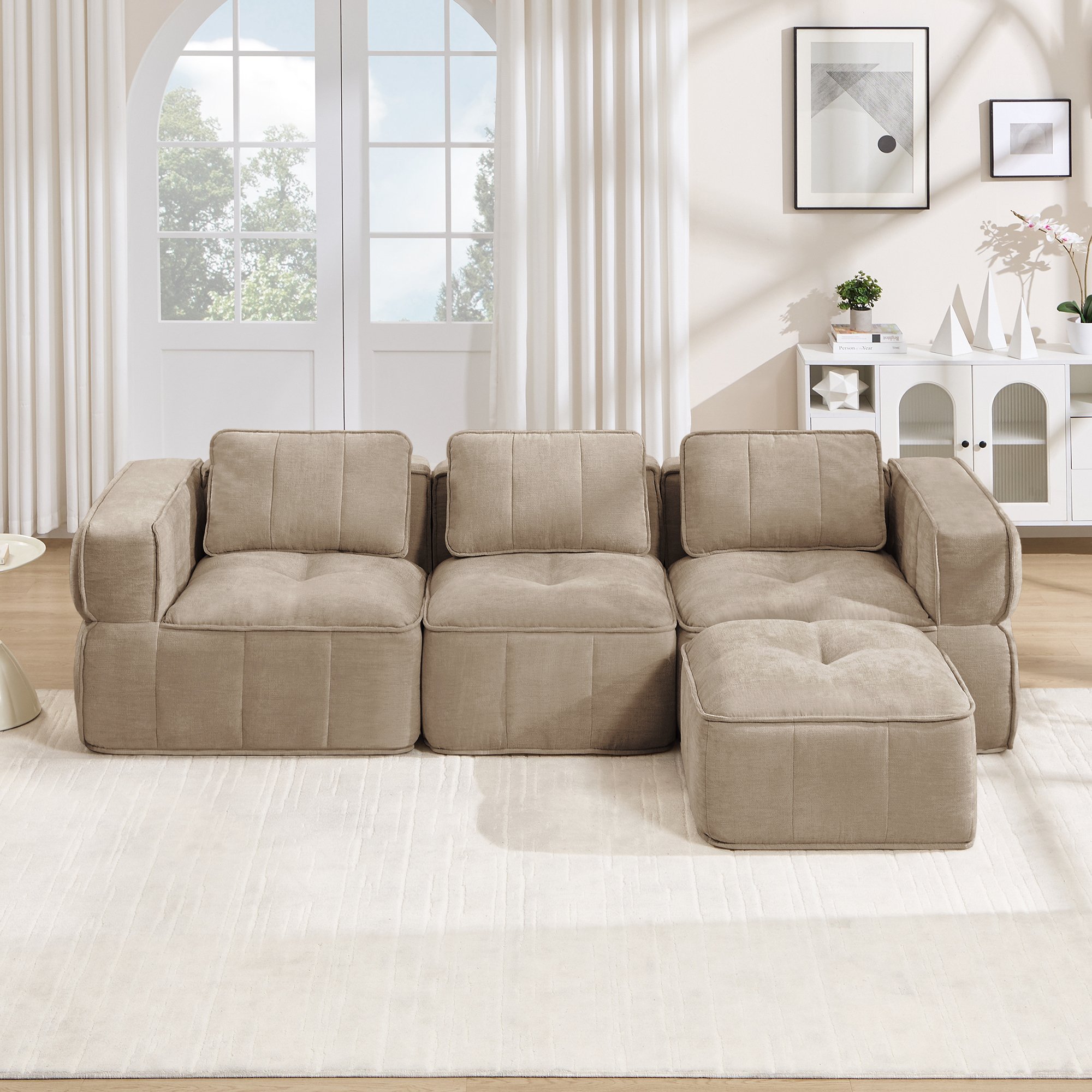 Canapé modulable 3 places en L sans cadre avec pouf, tissu polyester sable, mousse haute densité pour salon moderne