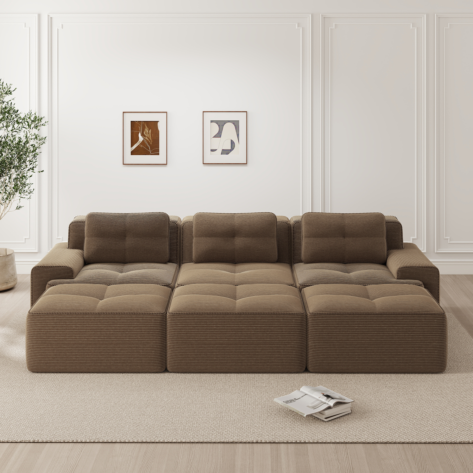 Canapé d'angle convertible avec hocker, canapé modulable convertible tissu côtelé marron, design boneless facile à installer