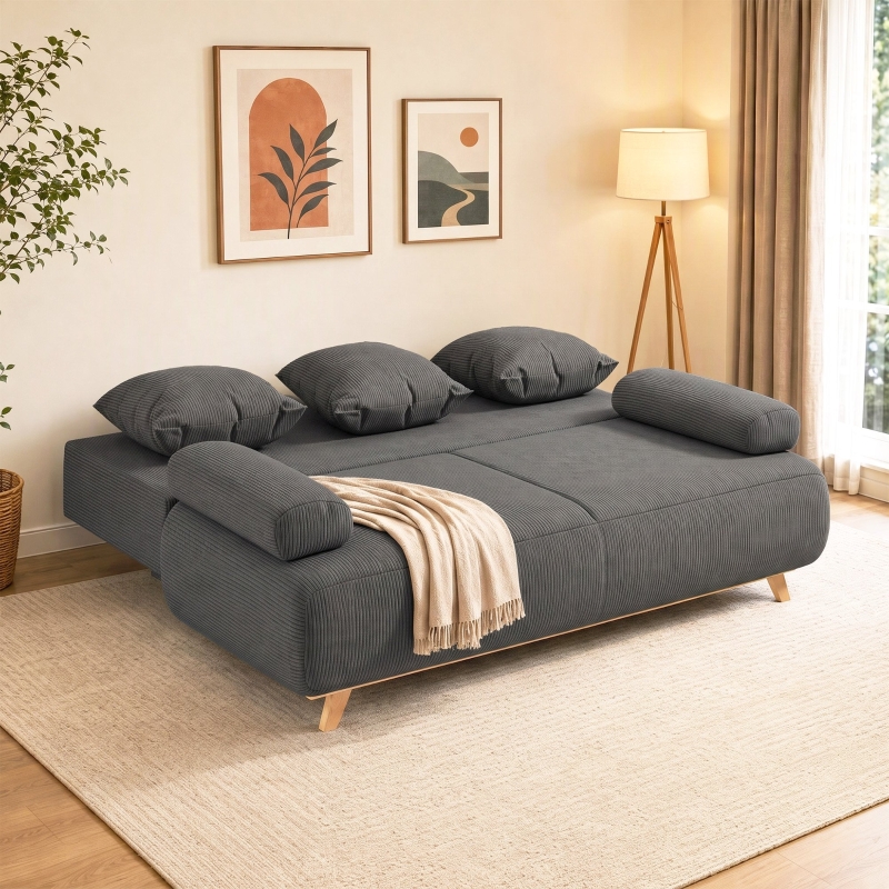 Grand canapé-lit 3 places dimensions 188x100x84 cm, se transforme en lit simple 188x140 cm avec espace de stockage sous l'assise