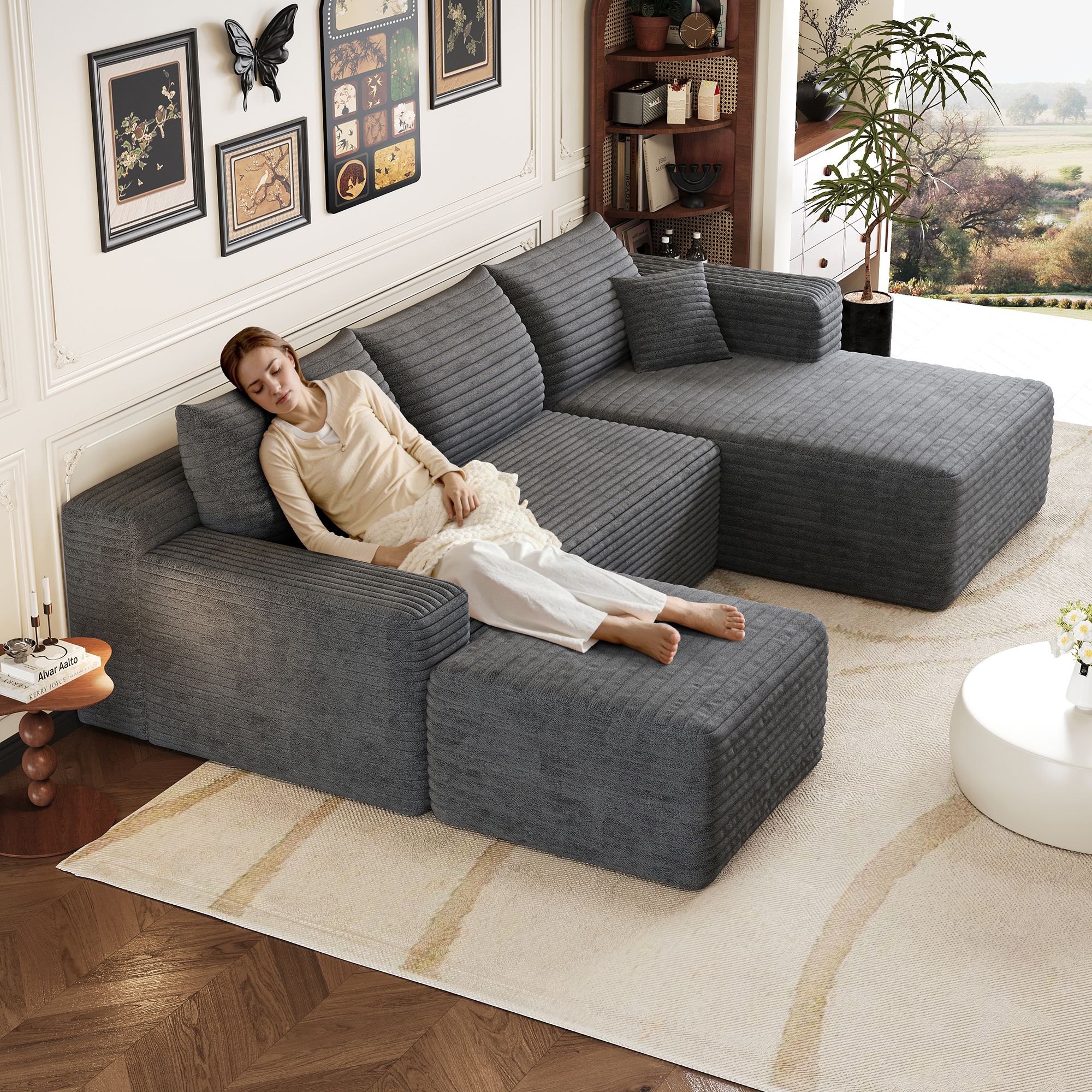 Canapé d'angle 241x151cm en tissu côtelé gris foncé, style nuage moderne, assise profonde et confort optimal pour le salon