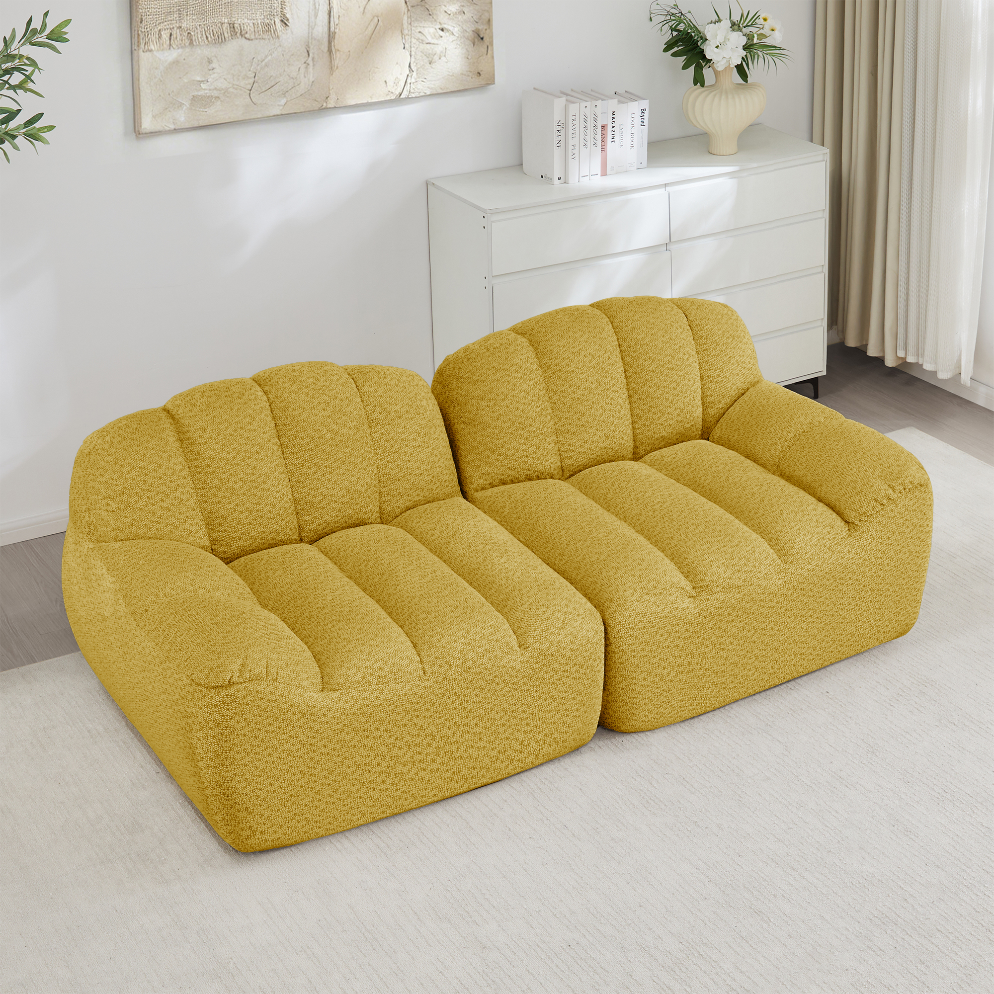 Canapé Modulable 2 Places Jaune Design Ergonomique Sans Montage Coussins Profonds Mousse Haute Densité Salon Moderne