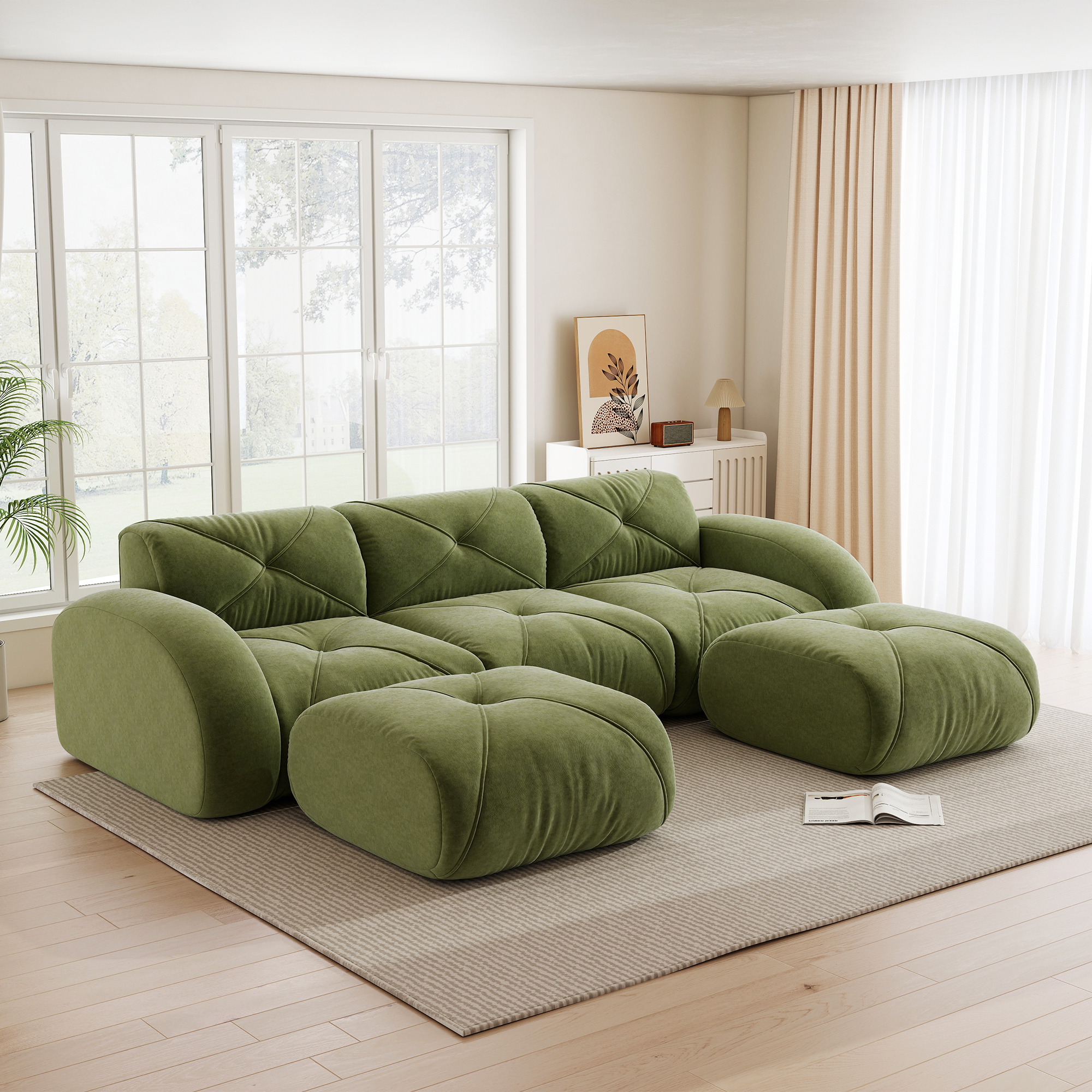 Canapé modulable panoramique 3 places, confort moelleux tissu Chenille, structure stable sans cadre, 2 coussins inclus