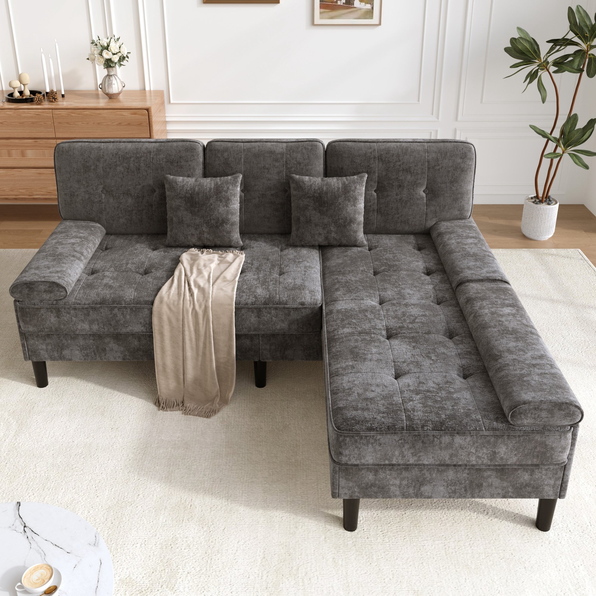 Canapé d'angle convertible 3 places en chenille gris anthracite avec pouf amovible et fonction lit pour petit appartement