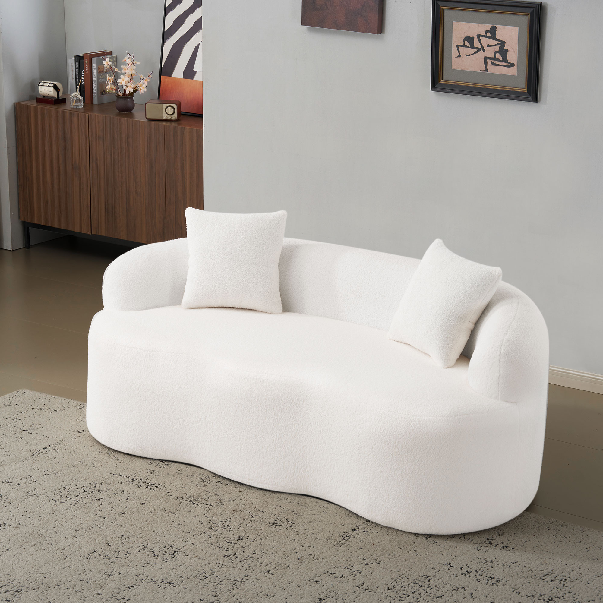 Canapé Droit Blanc Tissu Respirant avec Structure Mousse et Ressorts, Design Courbé Minimaliste pour Salon Moderne et Chambre