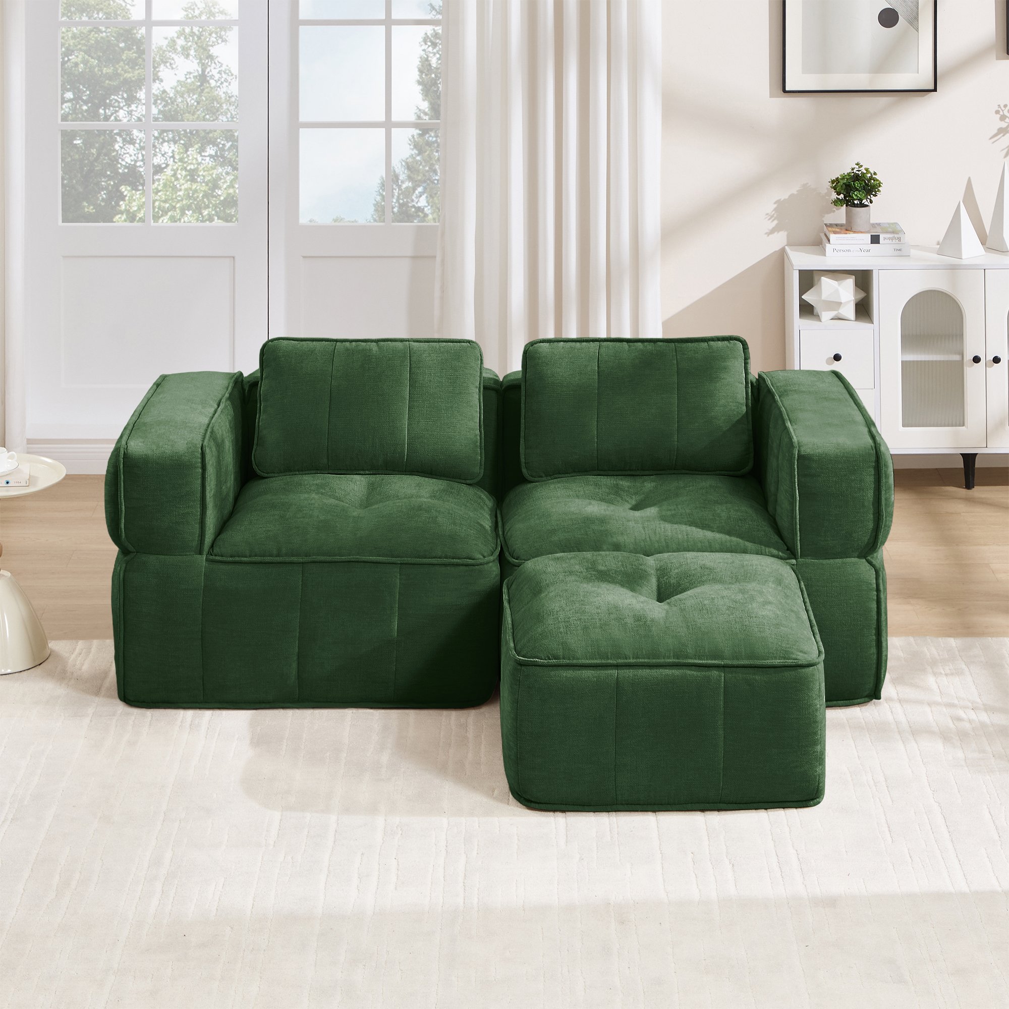 Canapé L 198x162x67 cm vert, capacité 550 kg, assise spacieuse avec ottoman inclus, livraison en 3 colis, idéal pour grands espaces