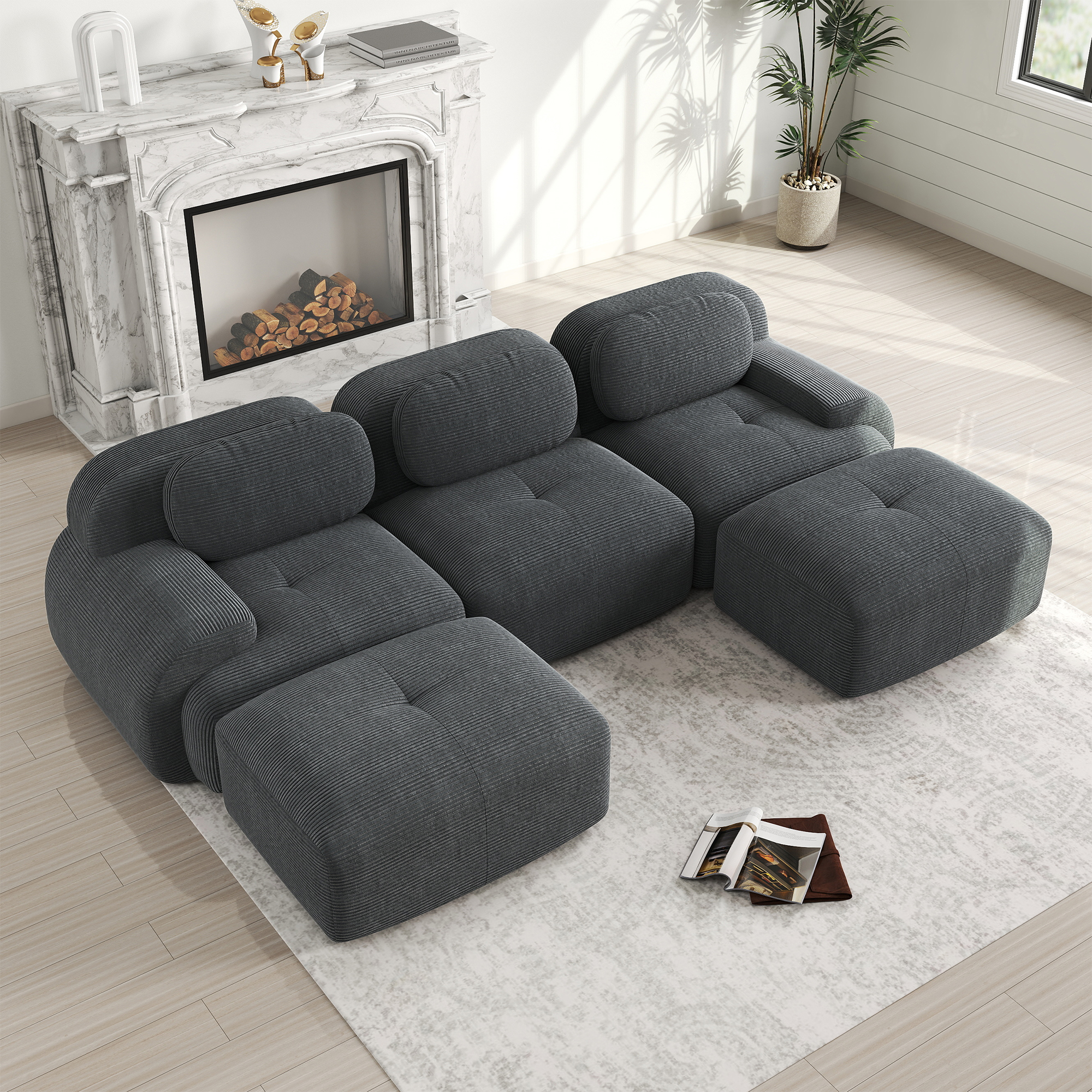 Canapé d'angle modulable en velours côtelé gris, 5 places, sans montage, antidérapant et adapté aux animaux