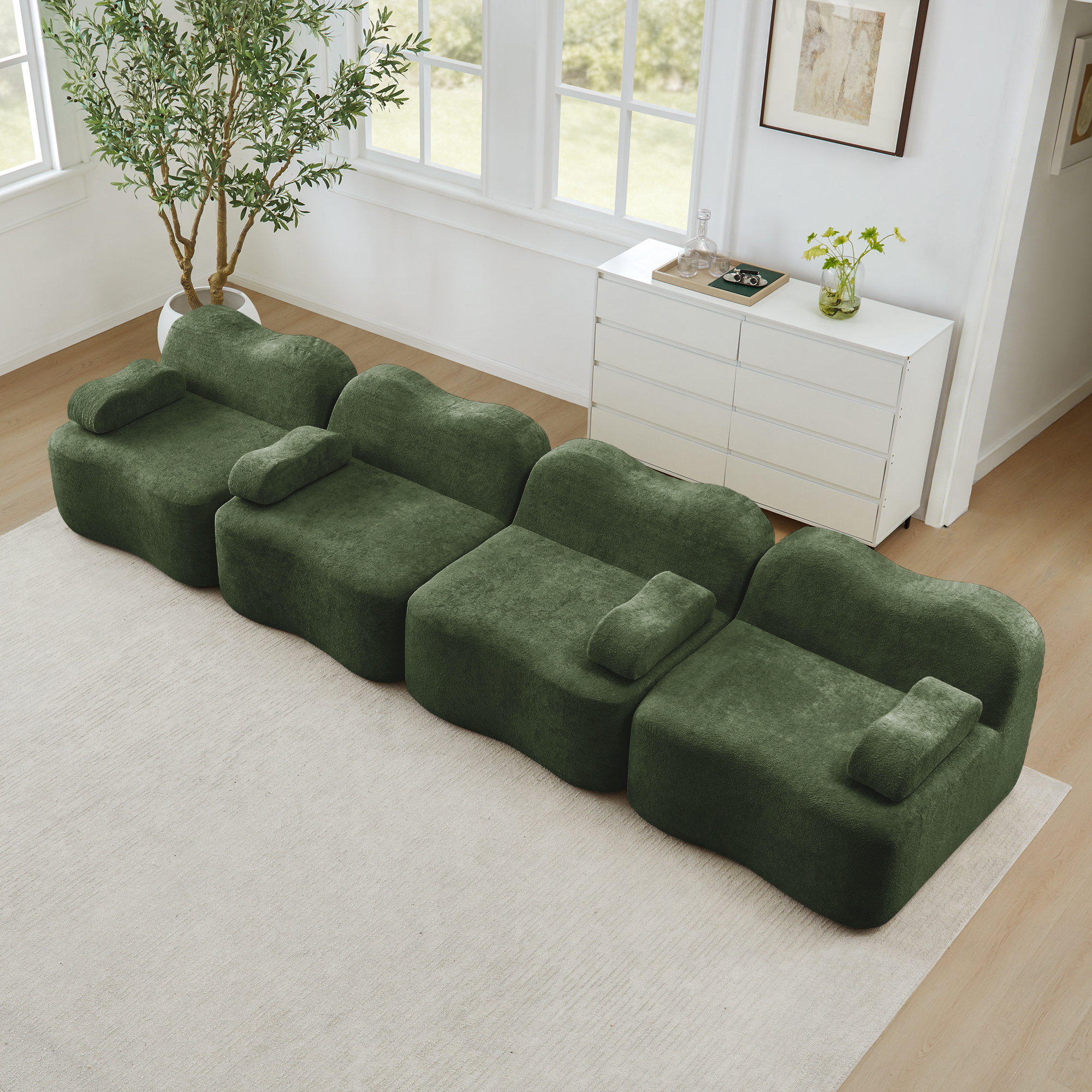 Canapé Modulable 4 Places Vert, Dimensions 384x98x70 cm, Structure Sans Ossature avec Coussins d'Accoudoirs Mobiles