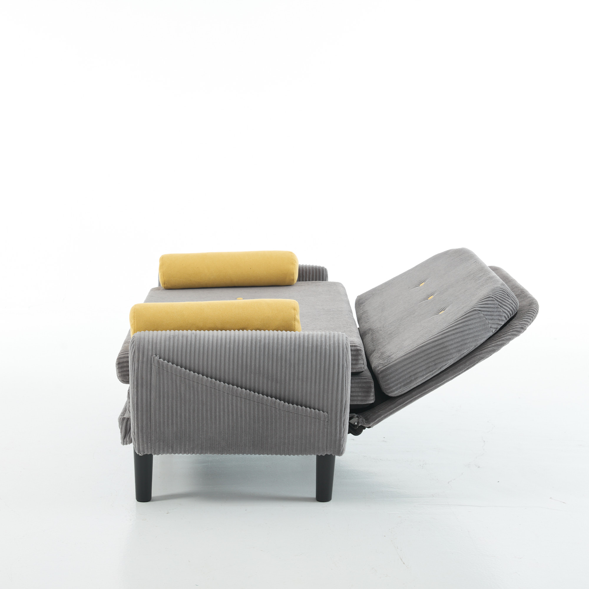 Fauteuil relax gris en velours côtelé sur cadre métallique robuste, rembourrage en mousse haute densité avec deux coussins inclus
