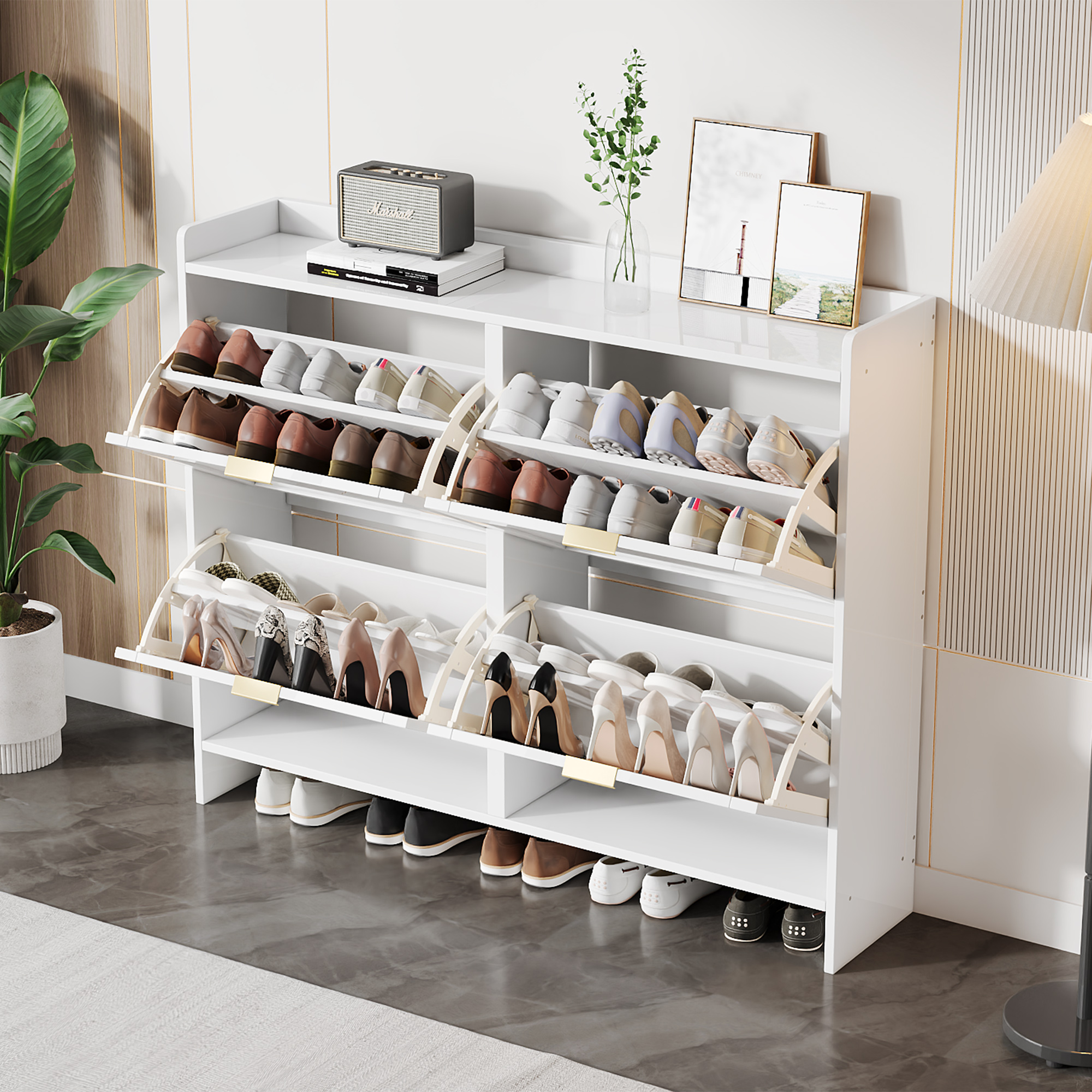 Meuble à chaussures blanc 110x24x90 cm, 4 cases pliantes, surface supérieure décoration, anti-basculement, entrée
