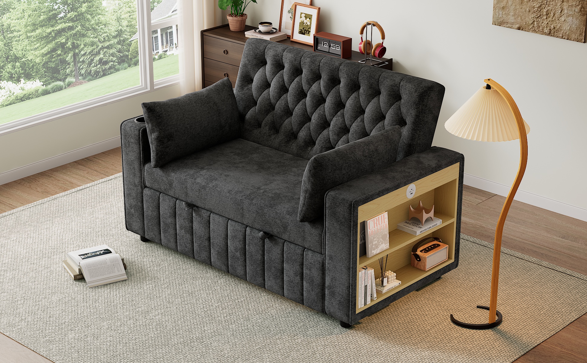 Lit rembourré avec rangement 140x137x84 cm, dossier réglable 3 positions et port USB intégré