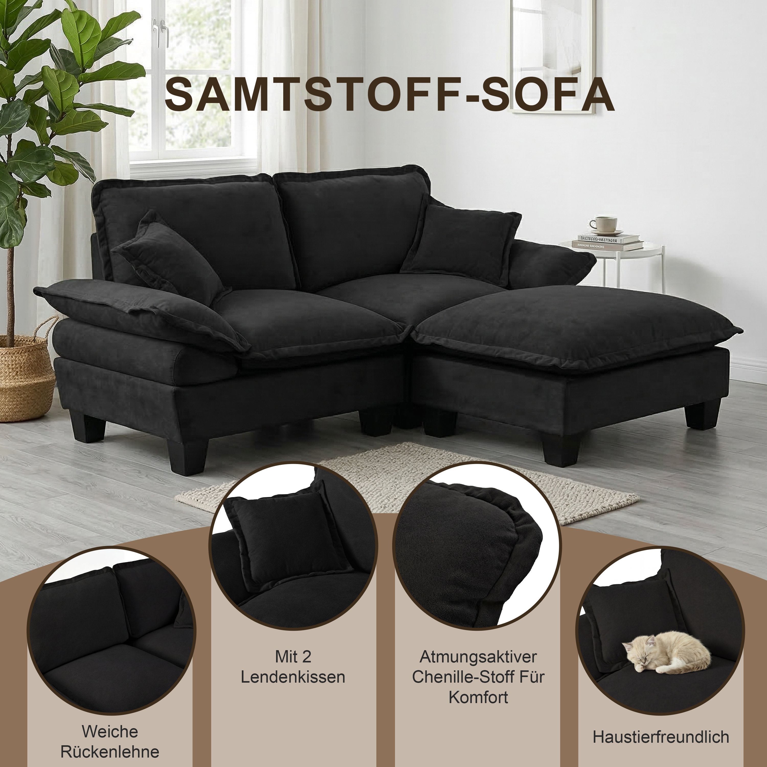 Canapé d'angle modulable noir 224x151x90 cm, Canapé segmenté avec ottomane et 2 coussins, Supporte jusqu'à 180 kg, Tissu Chenille