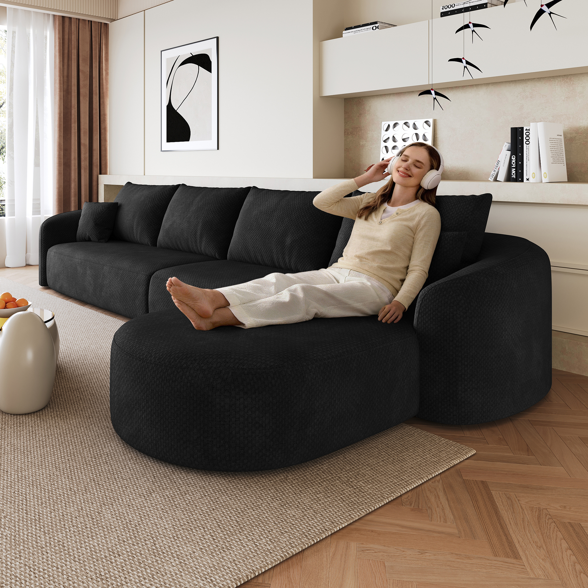 Canapé d'angle modulable en tissu noir 336x168 cm Structure Flottante Sans Bois Design Minimaliste Salon Appartement
