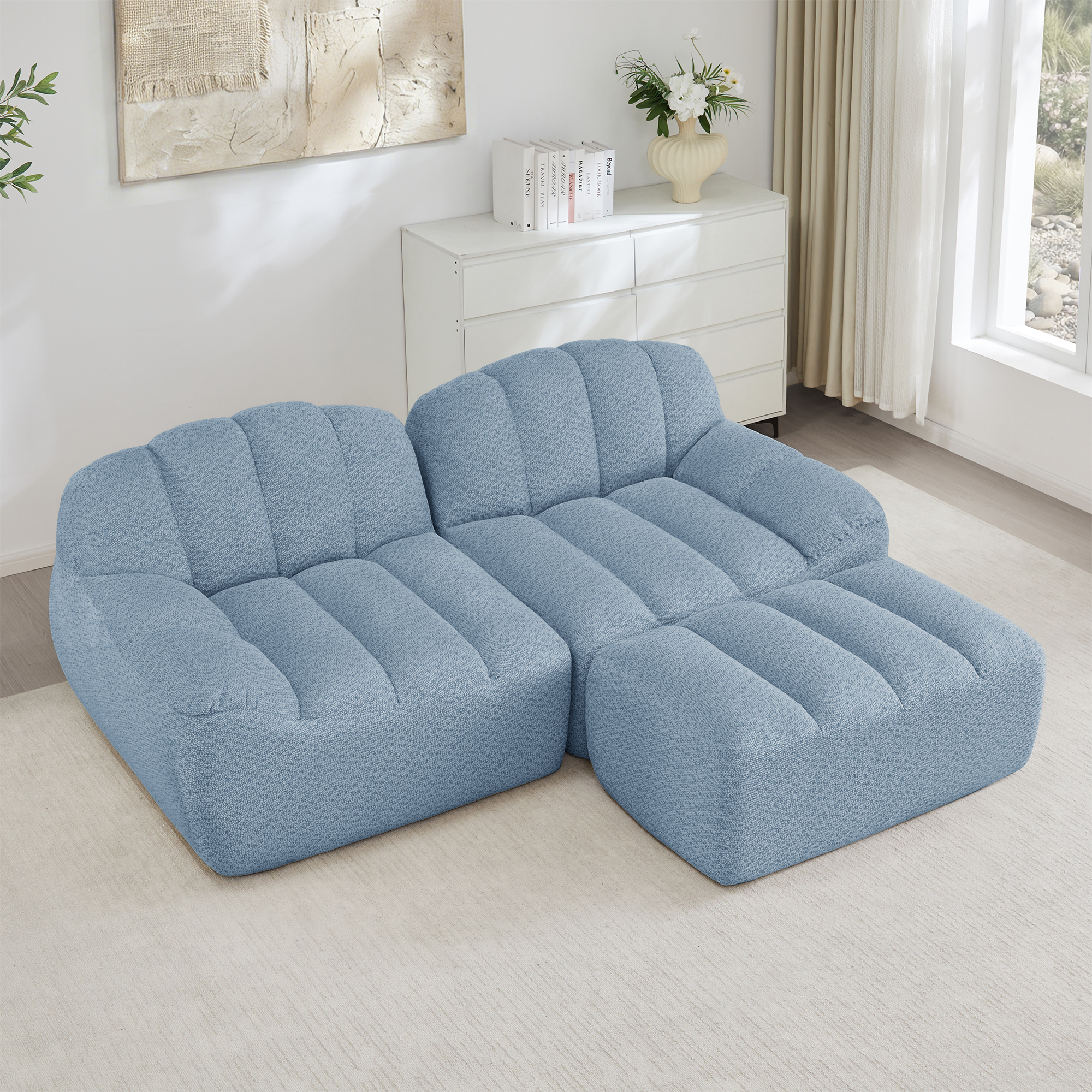 Canapé Modulable 2 Places En L Bleu Avec Ottoman, Canapé D'angle Sans Cadre Tissu Granuleux Profond Pour Salon Moderne