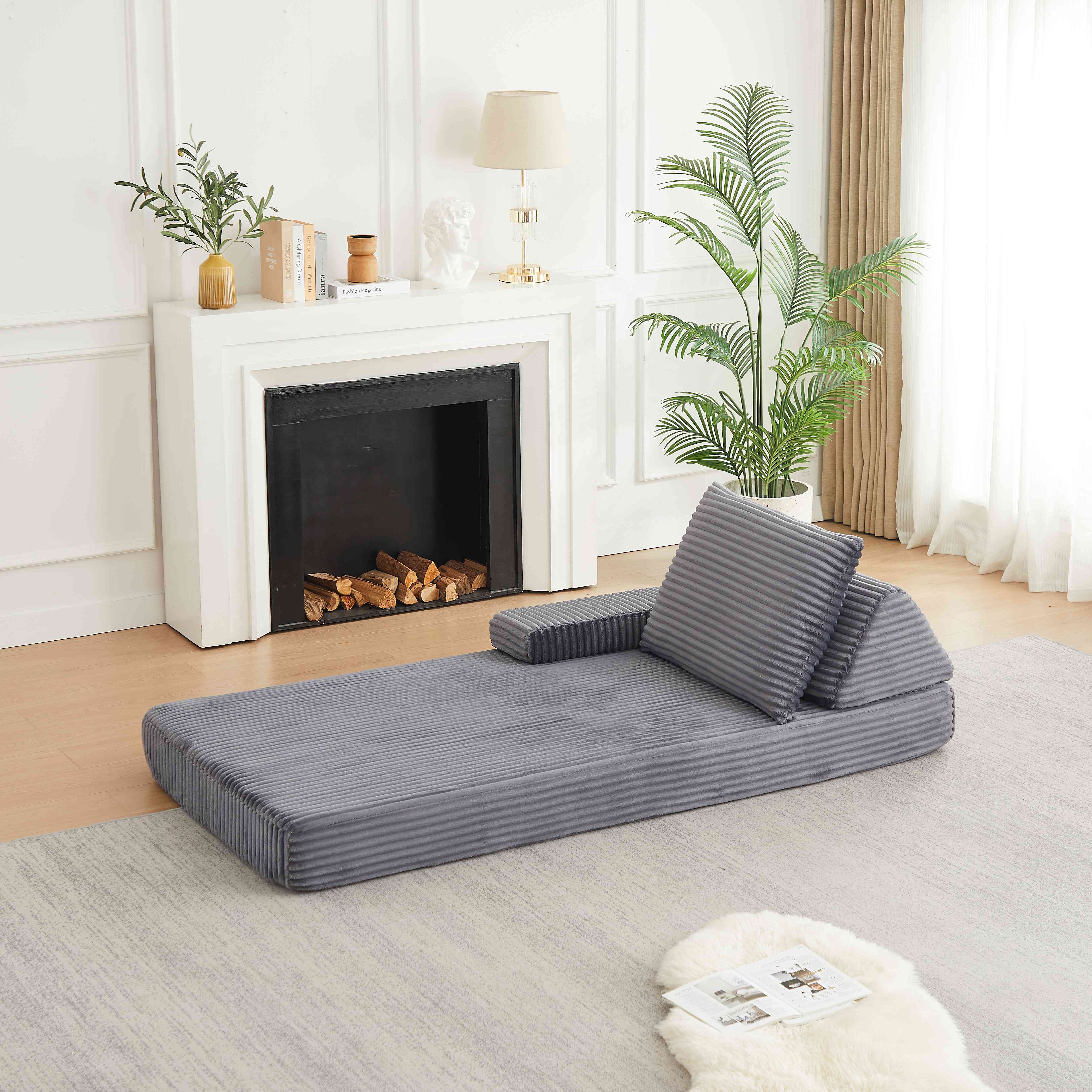 Canapé Modulable Gris en Velours Côtelé 211x106cm avec Dossiers Triangulaires Amovibles et Assises Longues pour Salon Moderne