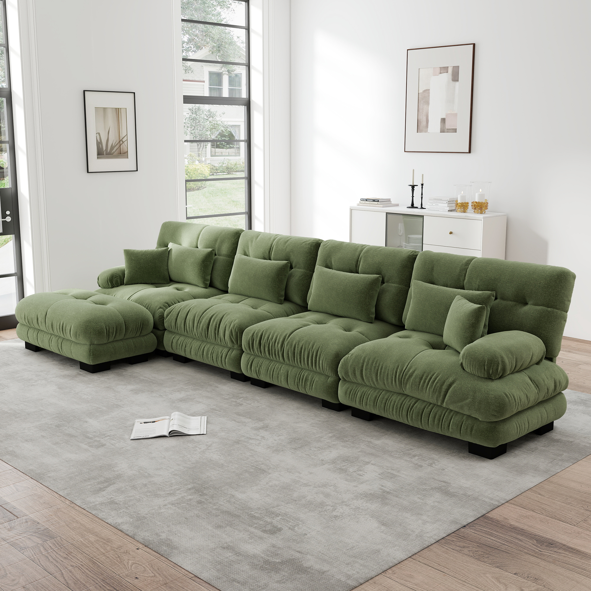 Canapé d'angle modulable 4 places en chenille vert, ensemble salon avec ottoman mobile, structure confort nuage