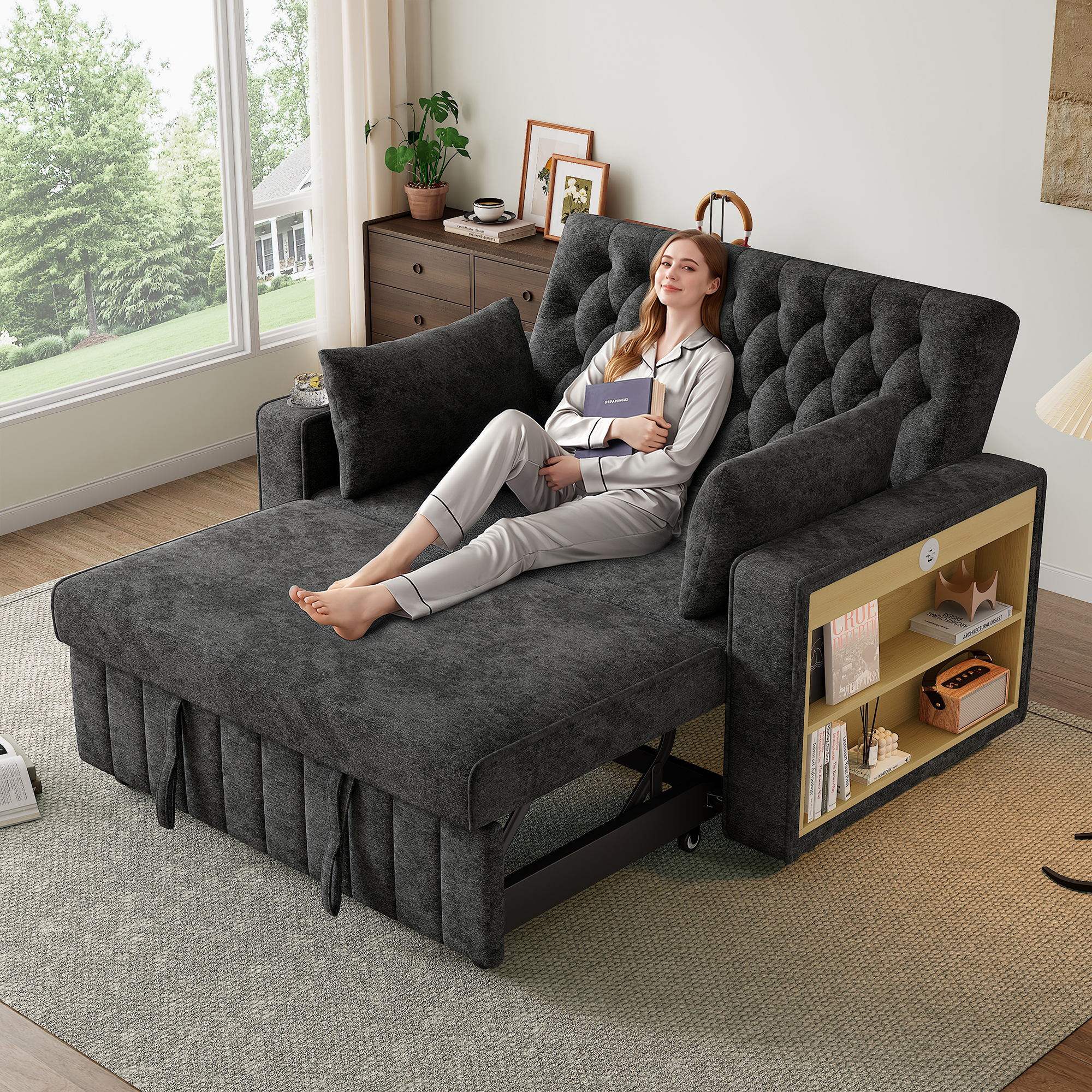 Lit rembourré avec rangement 140x137x84 cm, dossier réglable 3 positions et port USB intégré