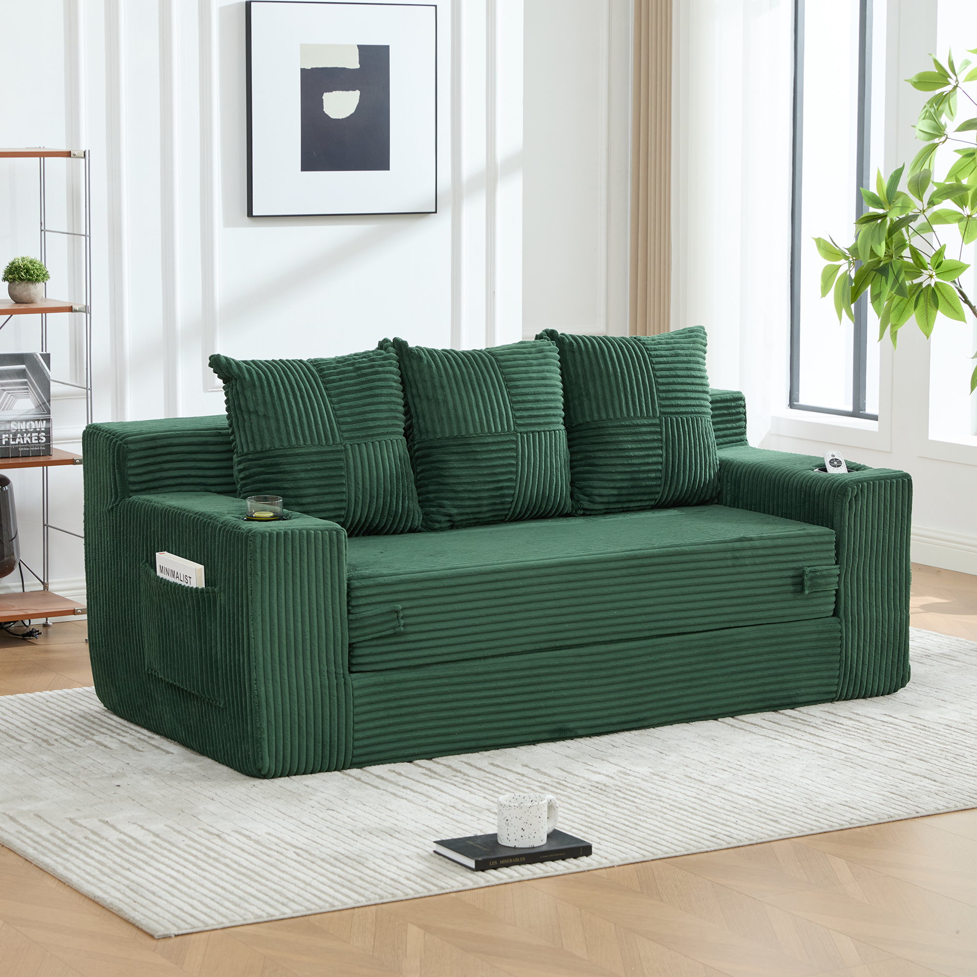 Canapé Modulable 2 Places Velours Côtelé Vert Émeraude Design Contemporain Avec Rangement Latéral Et Porte-Gobelets Intégrés