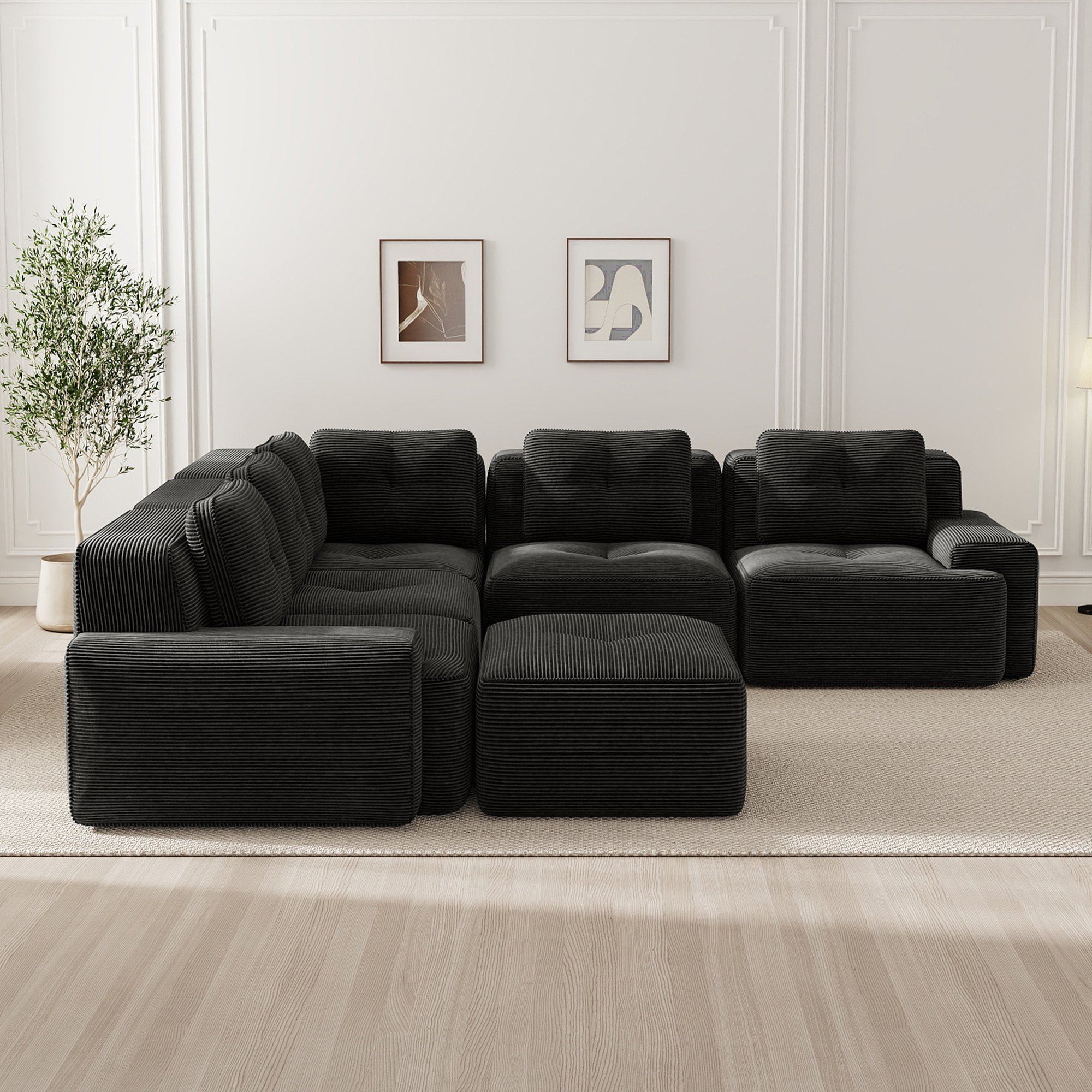 Canapé d'angle modulable noir en tissu côtelé, assise profonde 74cm, sans cadre, confort nuageux, idéal salon moderne