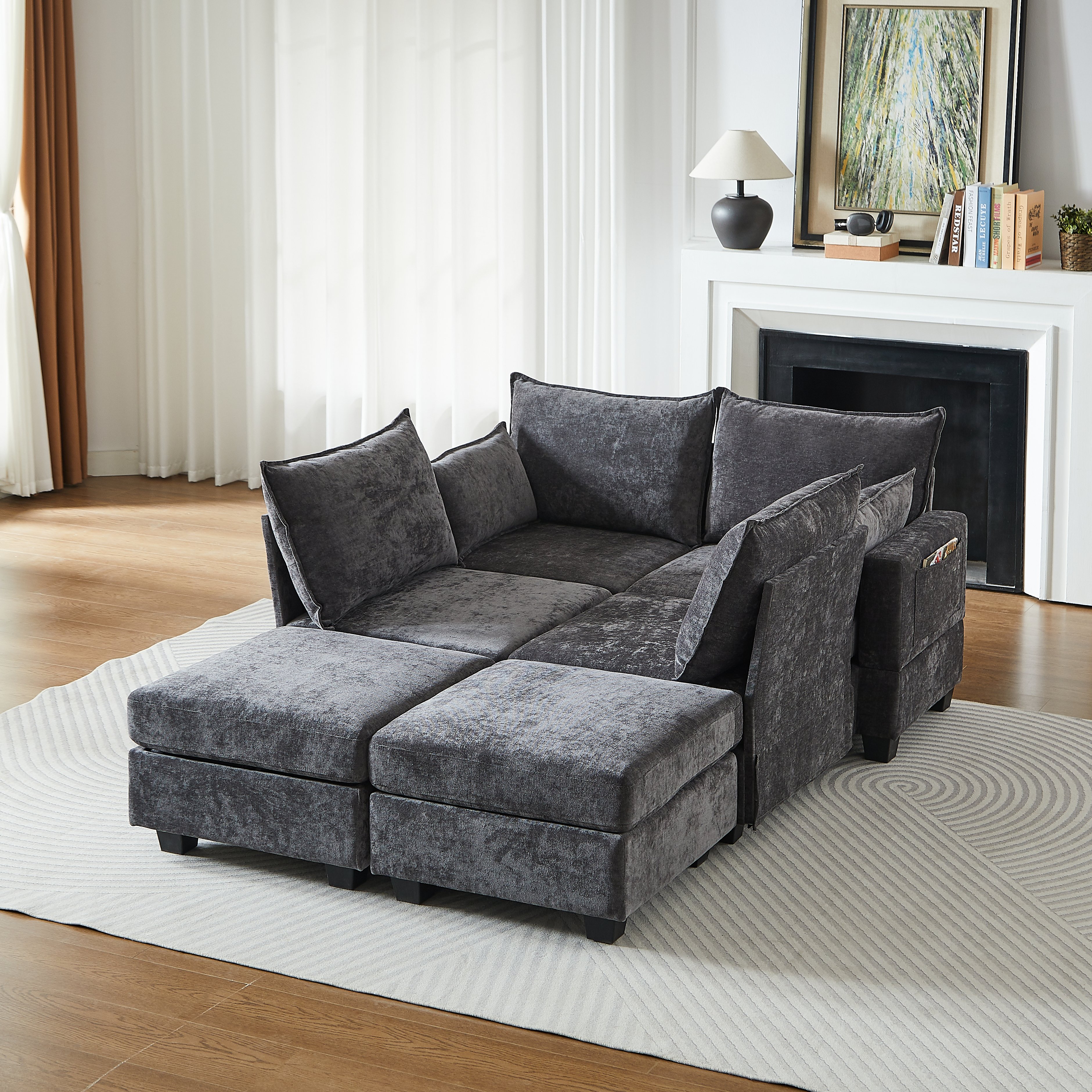 Canapé Modulable 6 Places En U Avec Rangement Intégré, Canapé D'angle Convertible Lit Pour Invités, Revêtement Chenille Gris