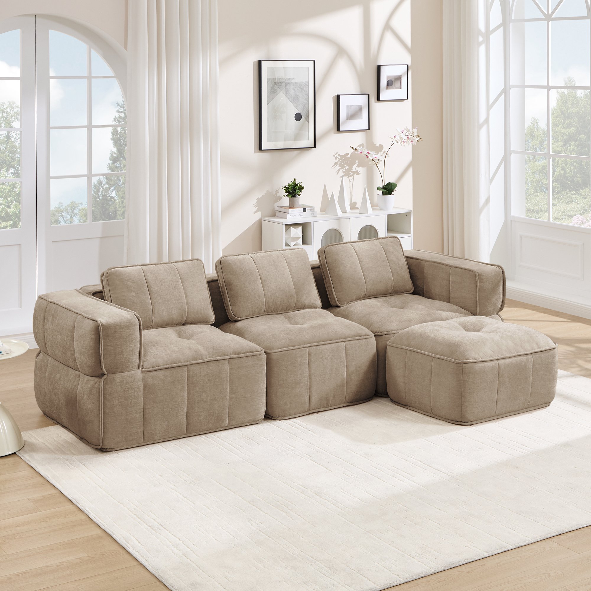 Canapé modulable 3 places en L sans cadre avec pouf, tissu polyester sable, mousse haute densité pour salon moderne