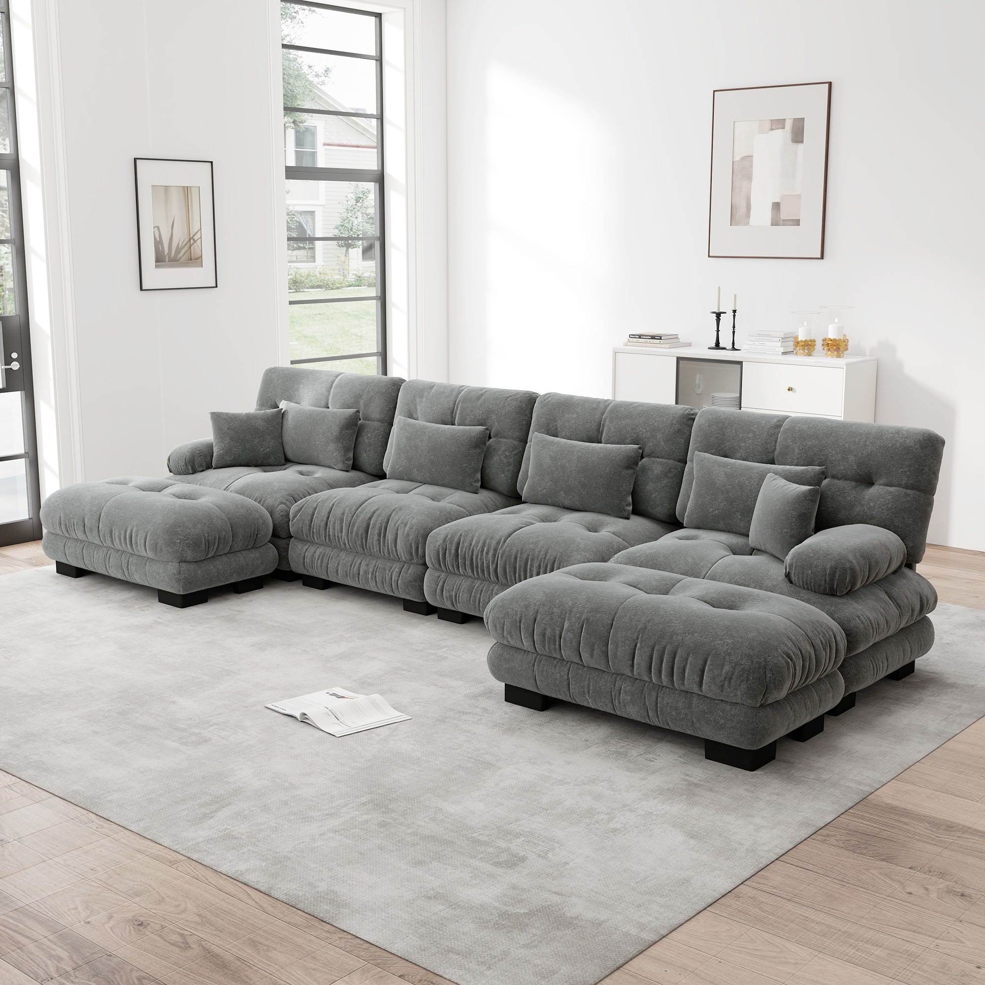 Canapé d'angle 4 places en chenille gris avec ottoman mobile et accoudoirs ronds rembourrés pour salon