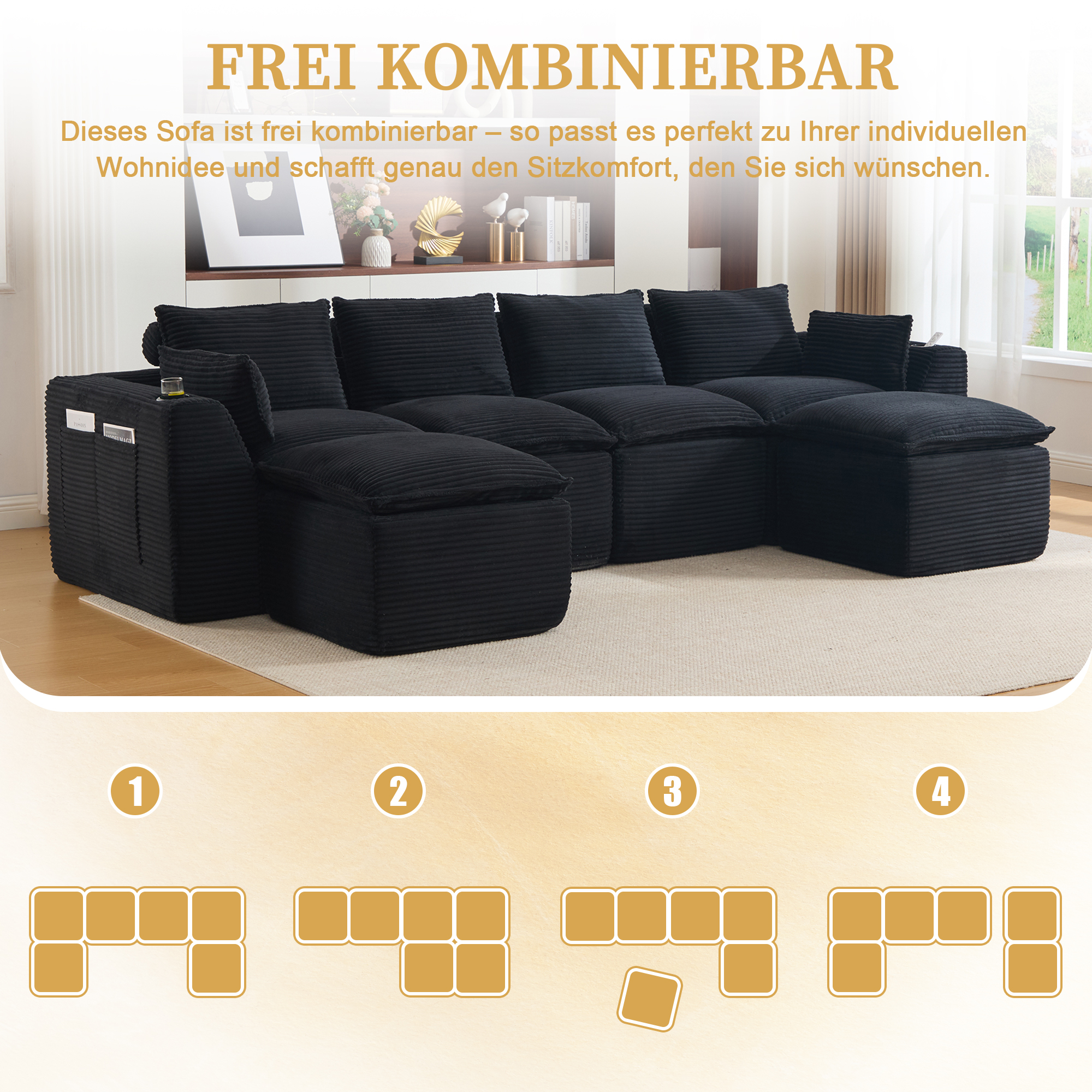 Canapé modulable 4 places avec porte-gobelets, coussins inclus et assise mousse à ressorts rapides
