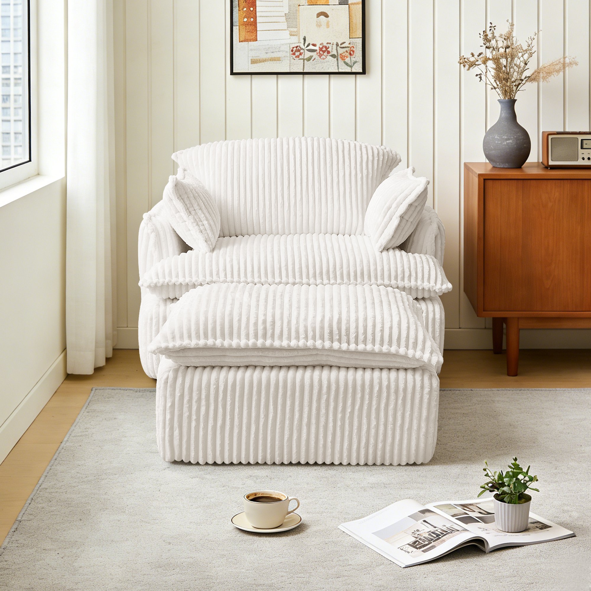 Fauteuil Compresse avec Repose-Pieds et Coussins, Canapé Confortable en Tissu Flanelle Beige pour Salon Moderne