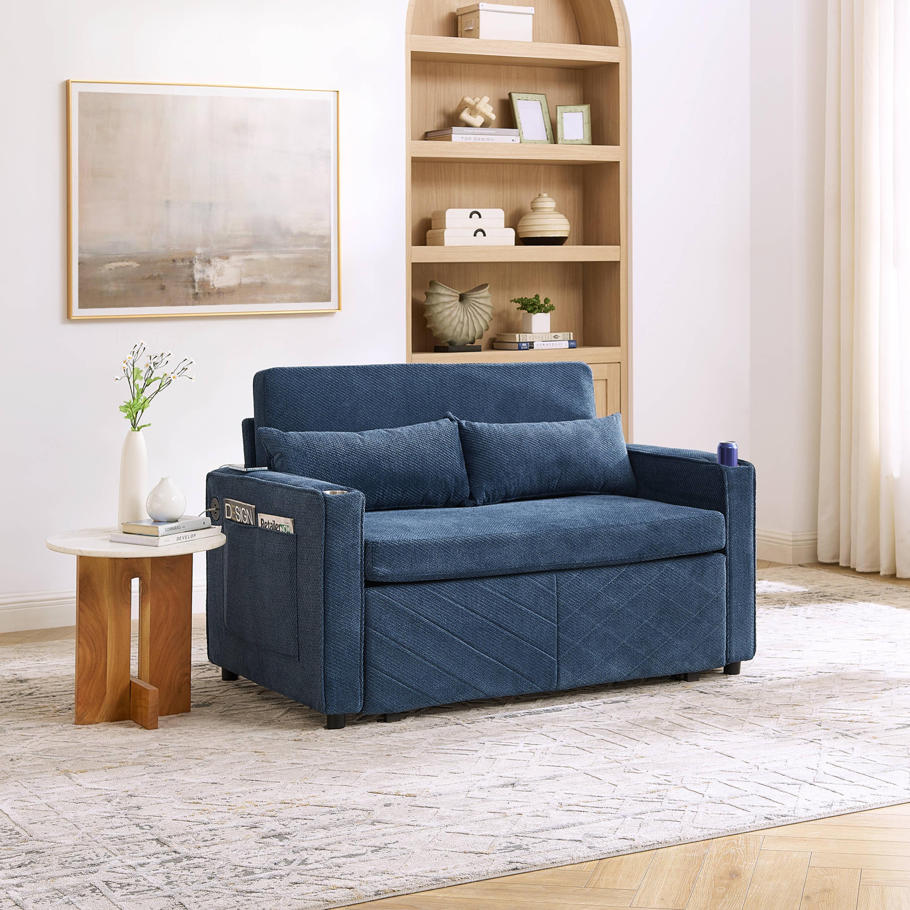 Canapé Convertible 2 Places avec Transformation Glissante et Ports USB Intégrés, Design Minimaliste pour Salon ou Bureau