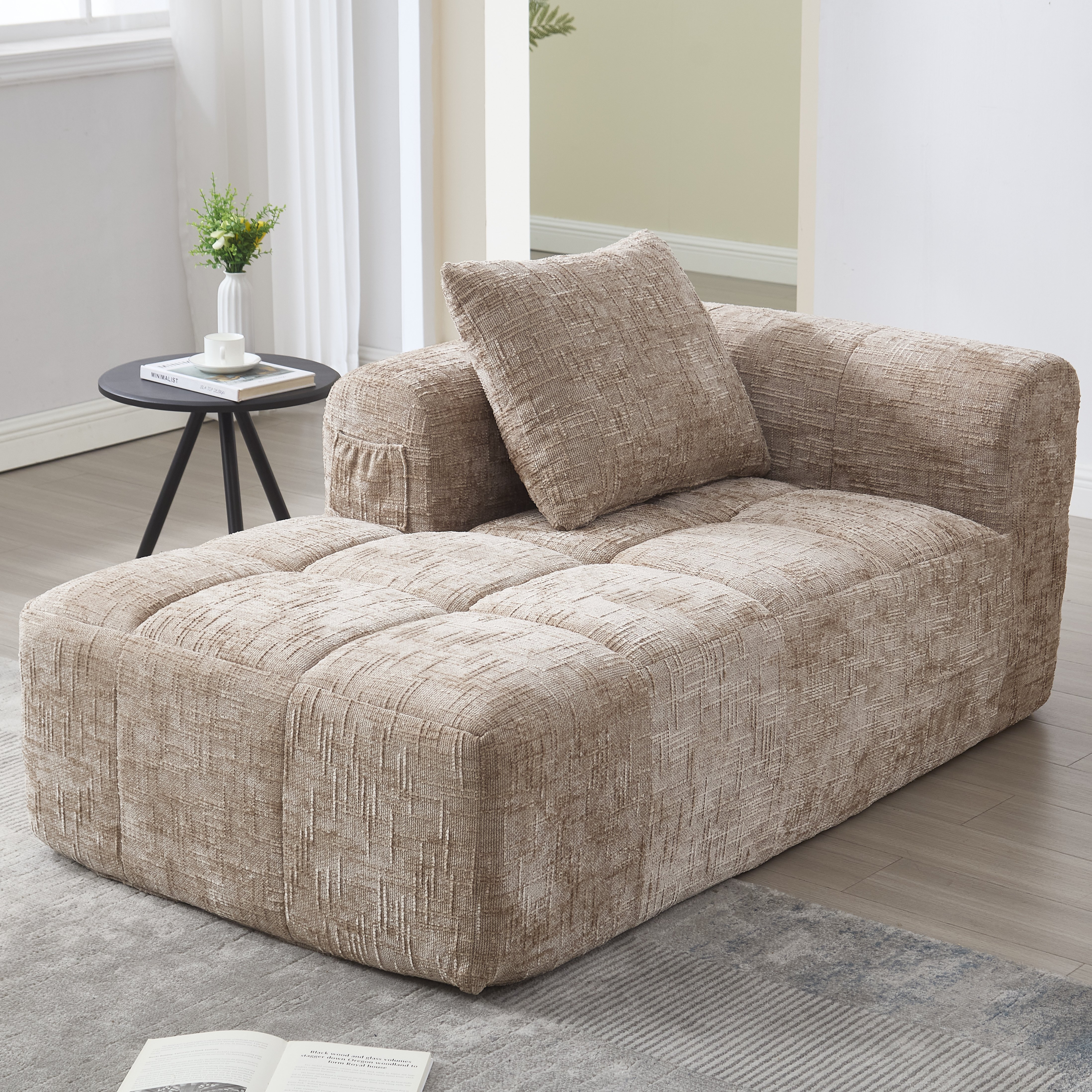 Canapé méridienne confortable en chenille kaki pour salon, avec coussin et rangement latéral