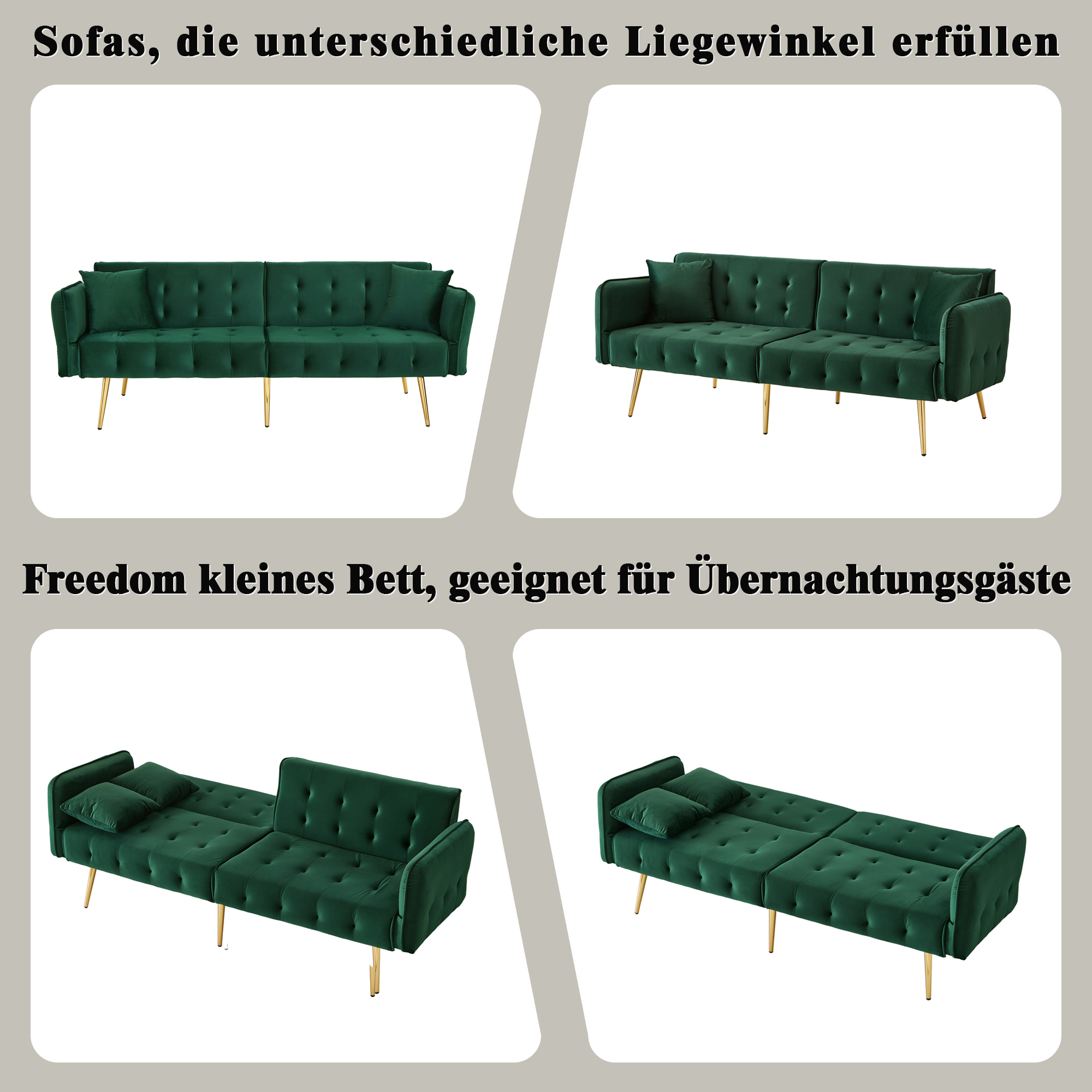Canapé Convertible 2 Places Vert - Canapé-Lit Velours avec Dos et Accoudoirs Réglables pour Salon Moderne