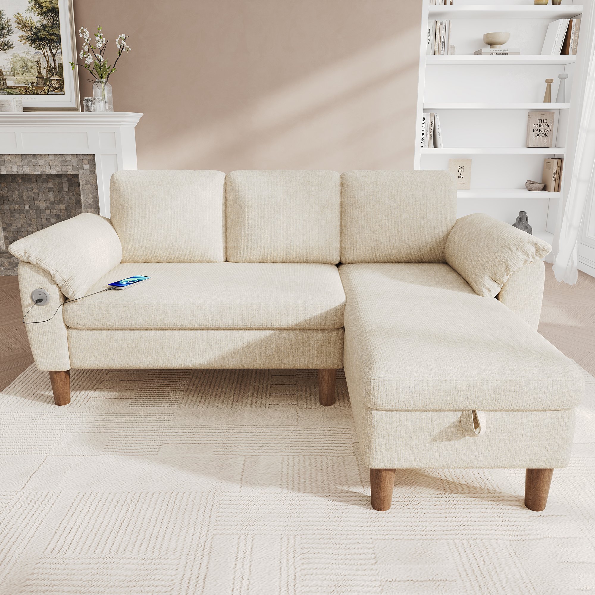Canapé d'angle 3 places en tissu chenille beige avec coffre de rangement sous la méridienne, ports USB et Type-C intégrés, structure réversible gauche ou droite pour salon moderne.